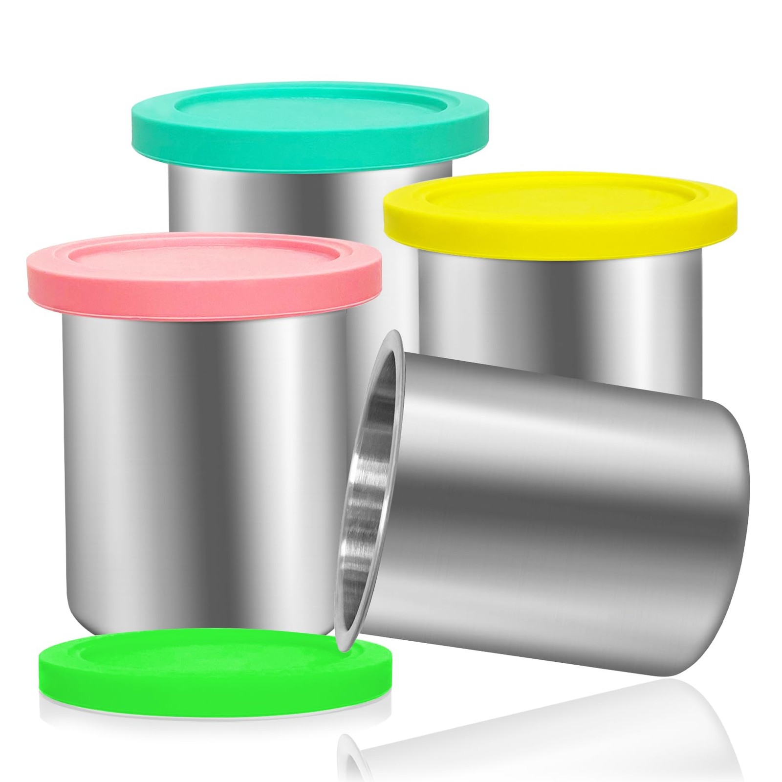 Stainless Steels Fit for Ninja Creami Containers- 4 Pack, 16oz Cups, with Nin…