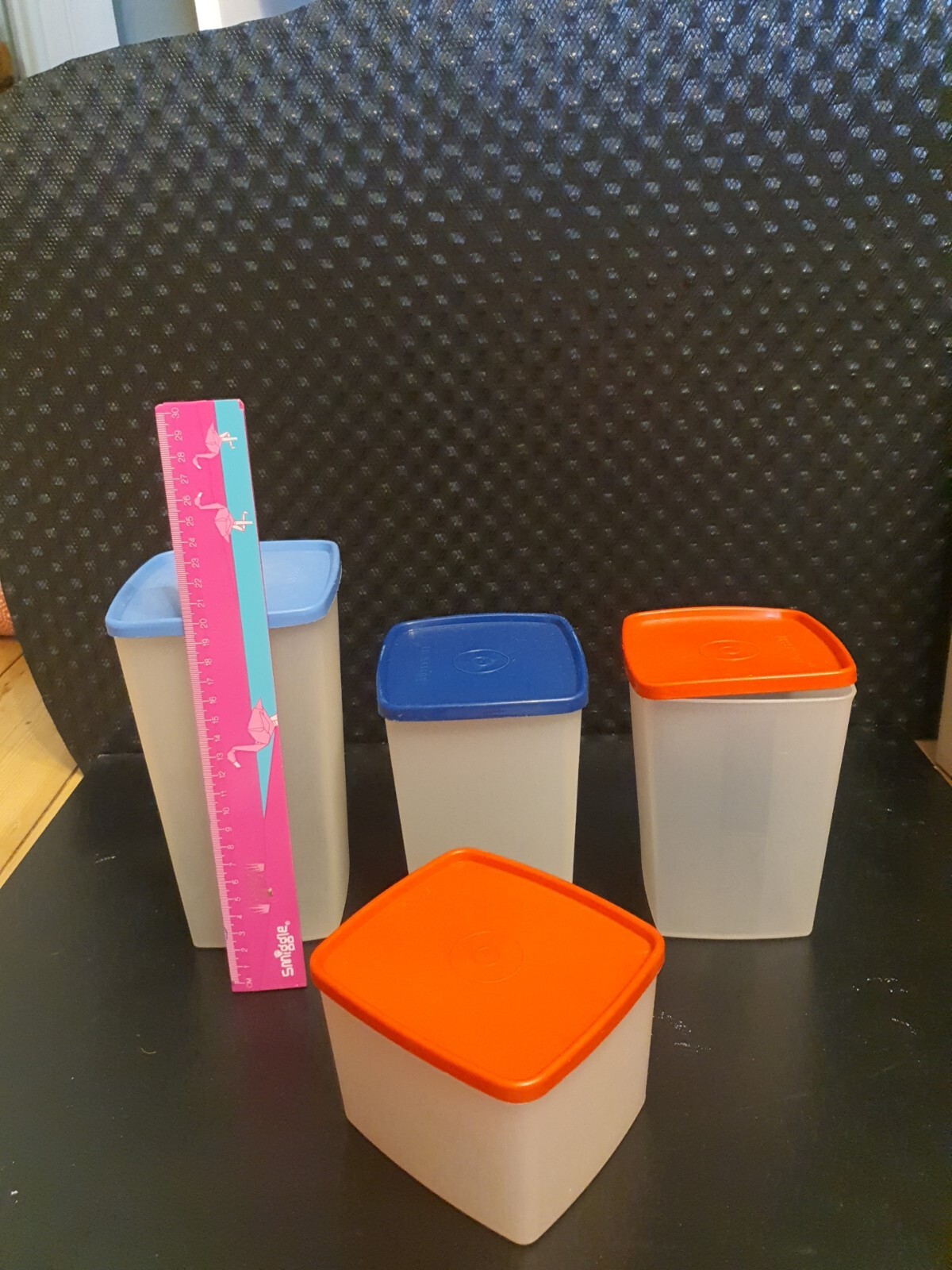 Tupperware Set 4 Storage Canisters Blue Red Lids Good Used Condition Clear