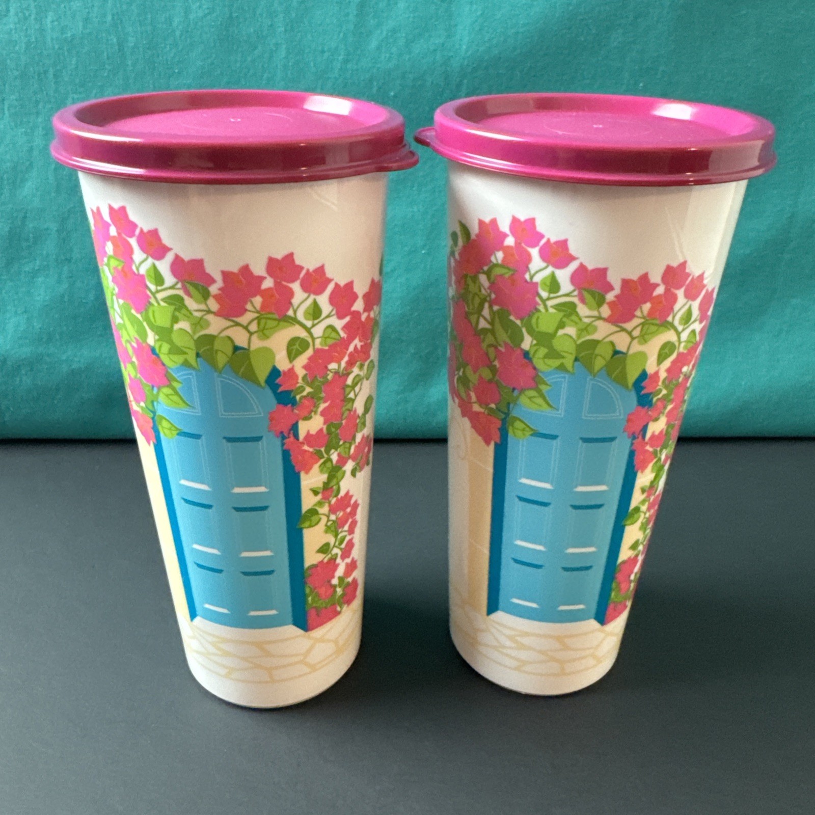 Tupperware Straight Sided Tumbler 16oz Set of 2 New tumblers Spring Flowers Door
