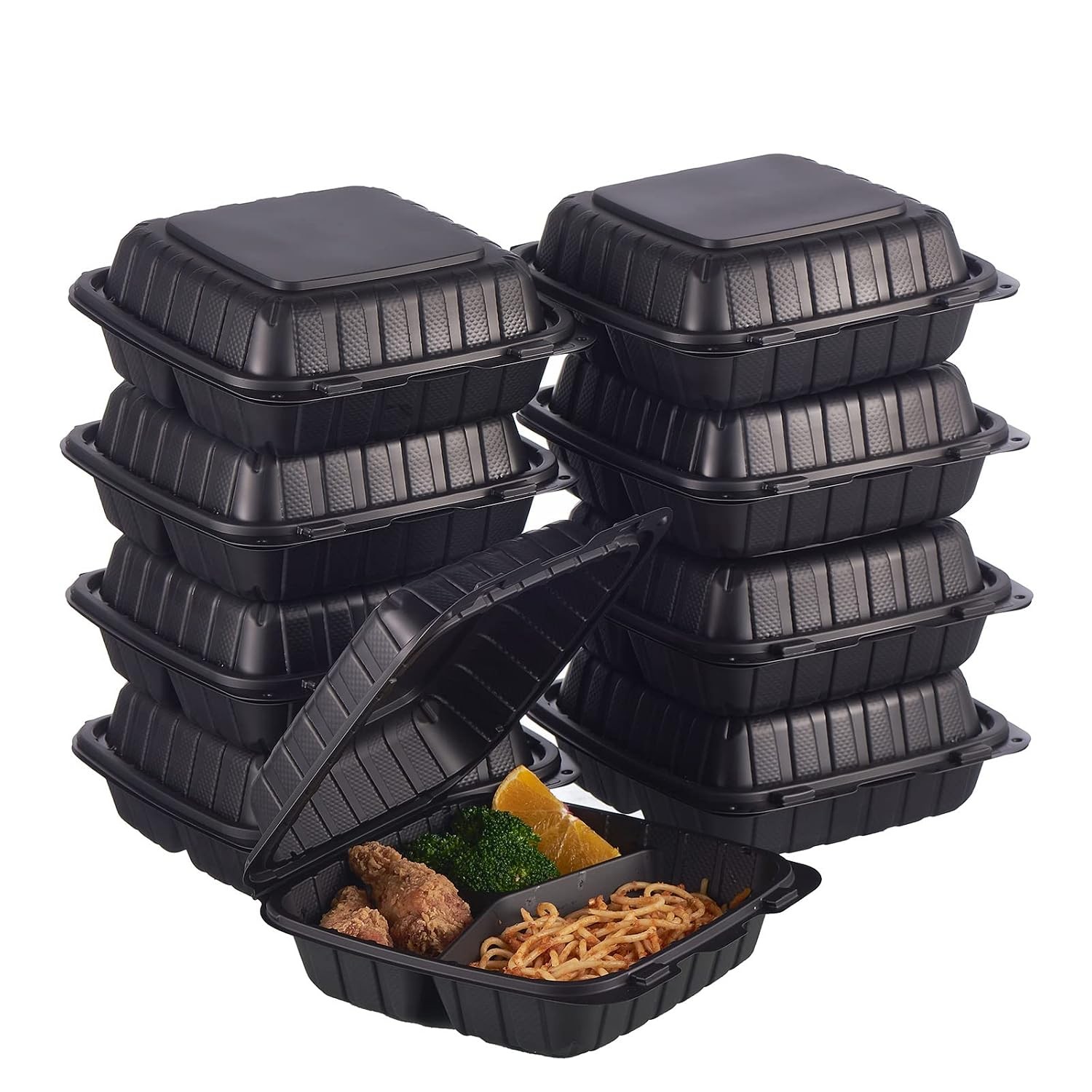 8X8″ 3-Compartment 50-Pack Plastic Clamshell Takeout Food Trays Heavy Duty Togo