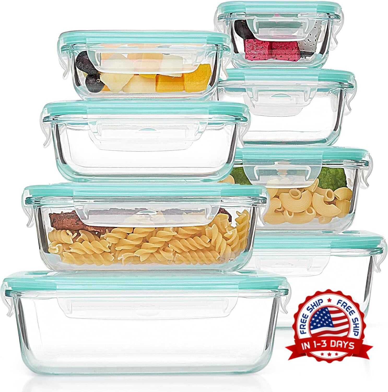 Recipientes De Vidrio Para Almacenamiento De Alimentos De 8 Piezas Con Tapas NEW