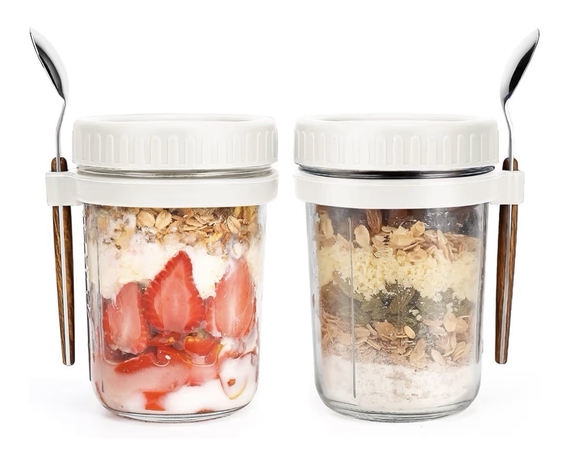 2pk Overnight Oats Jars with Spoons and Lids, 16 Oz, Oats Yogurt Fruit Storage