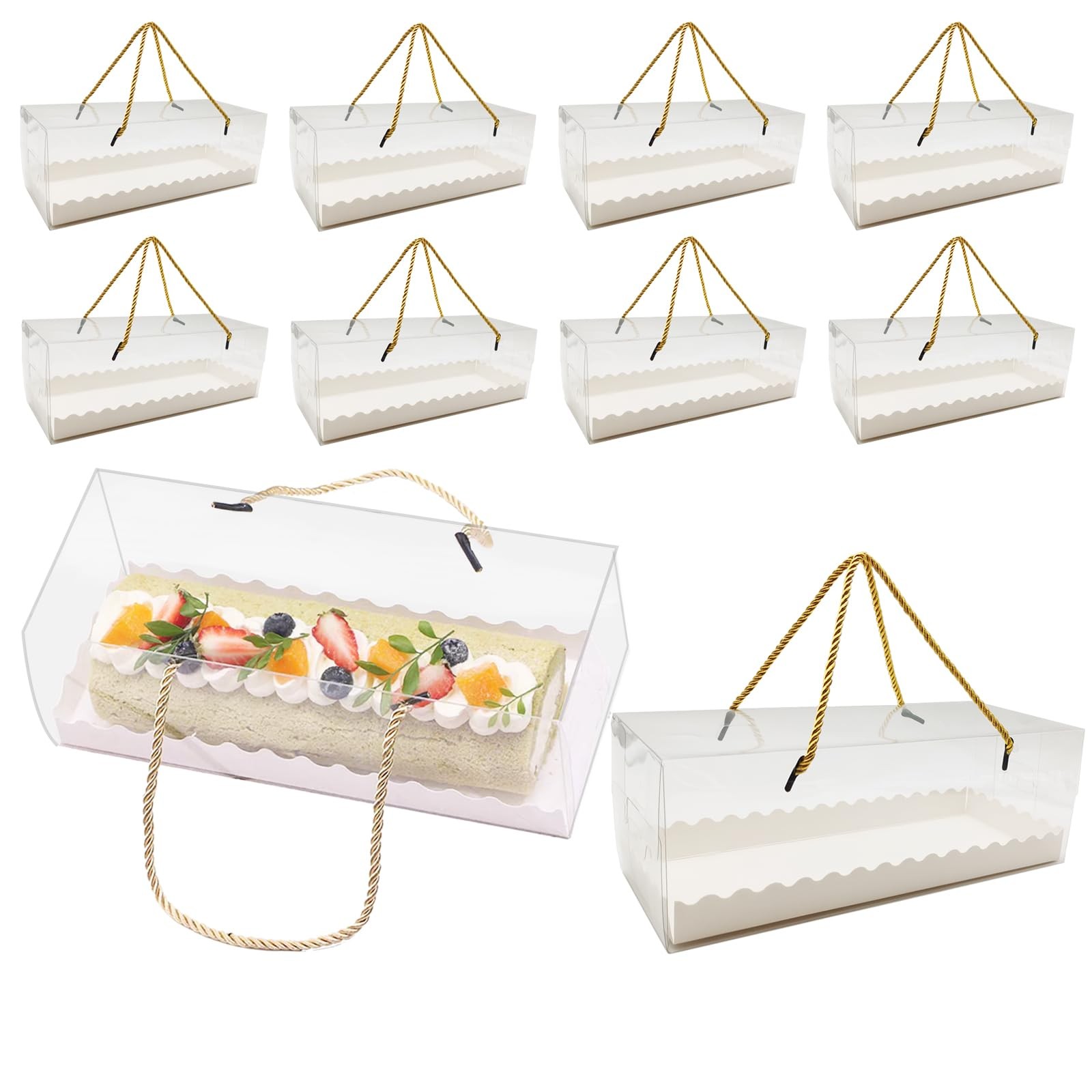 20 Pcs 10.8 Inch Clear Roll Cake Boxes with Gold Rope Handle & Cake Boards, H…