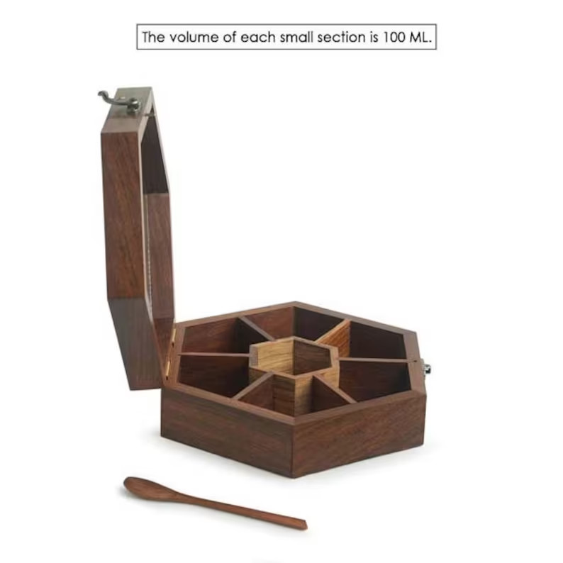 Wooden Hexagonal Spice Masala Box Dabba 6 Containers Set for Kitchen with Spoon