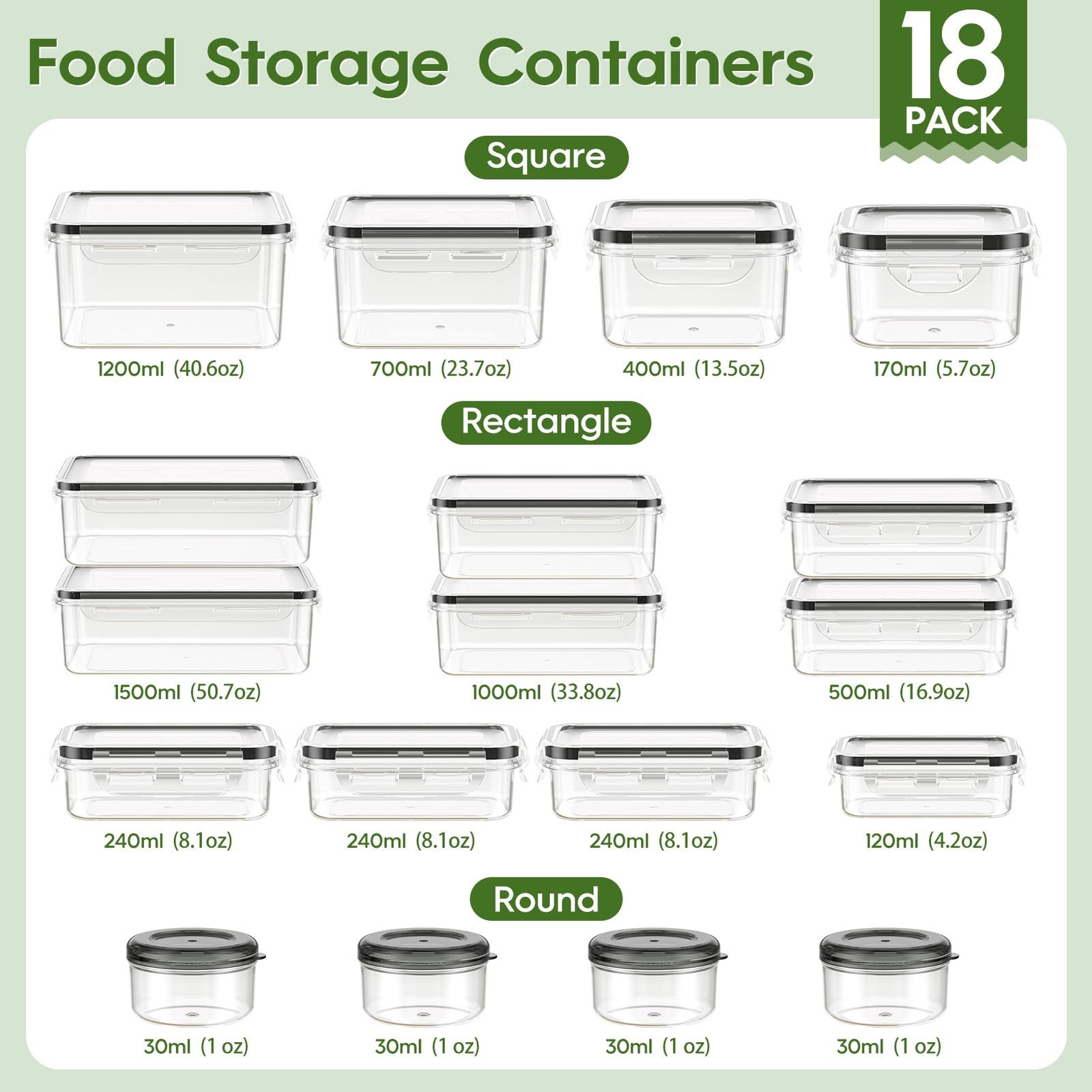 KEMETHY 36-Piece Food Storage Containers Varies (1.2oz to 50.7oz), 36 Piece