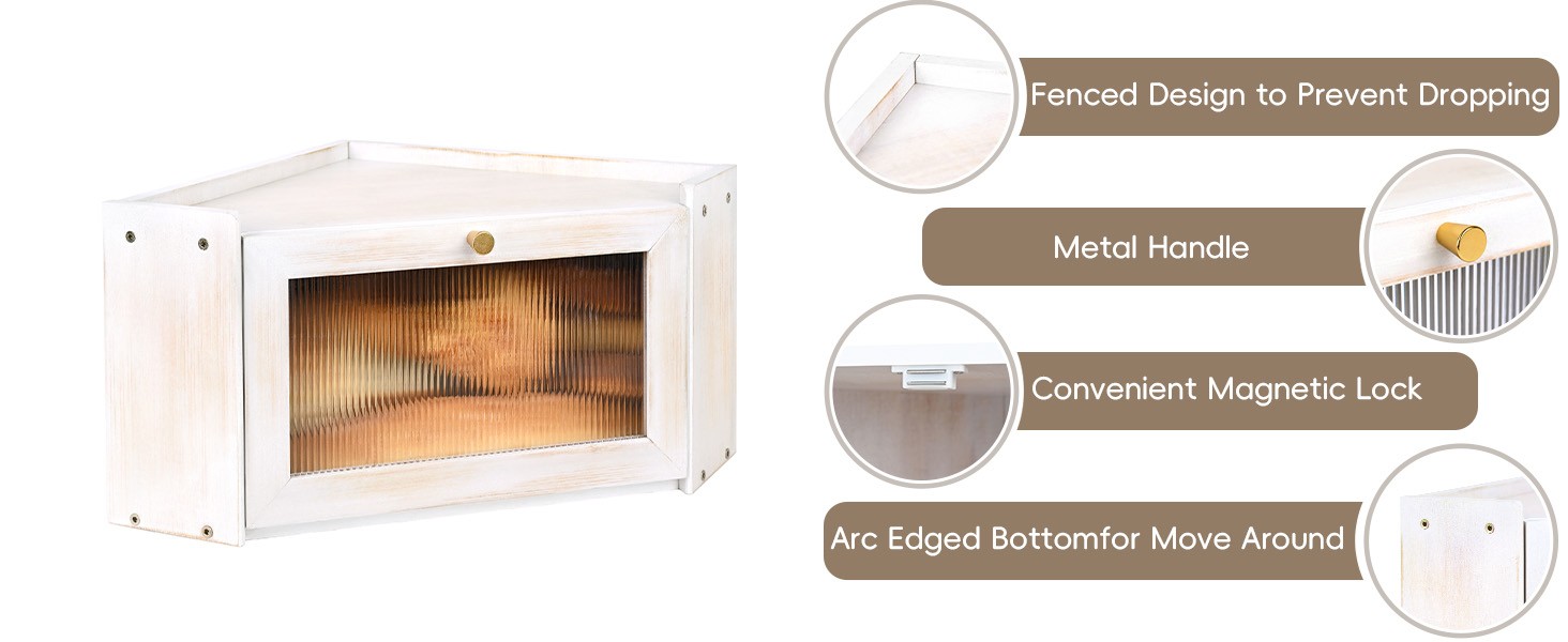 Vintage Coner Bread Box for Kitchen Countertop, Bamboo Bread Storage Container,