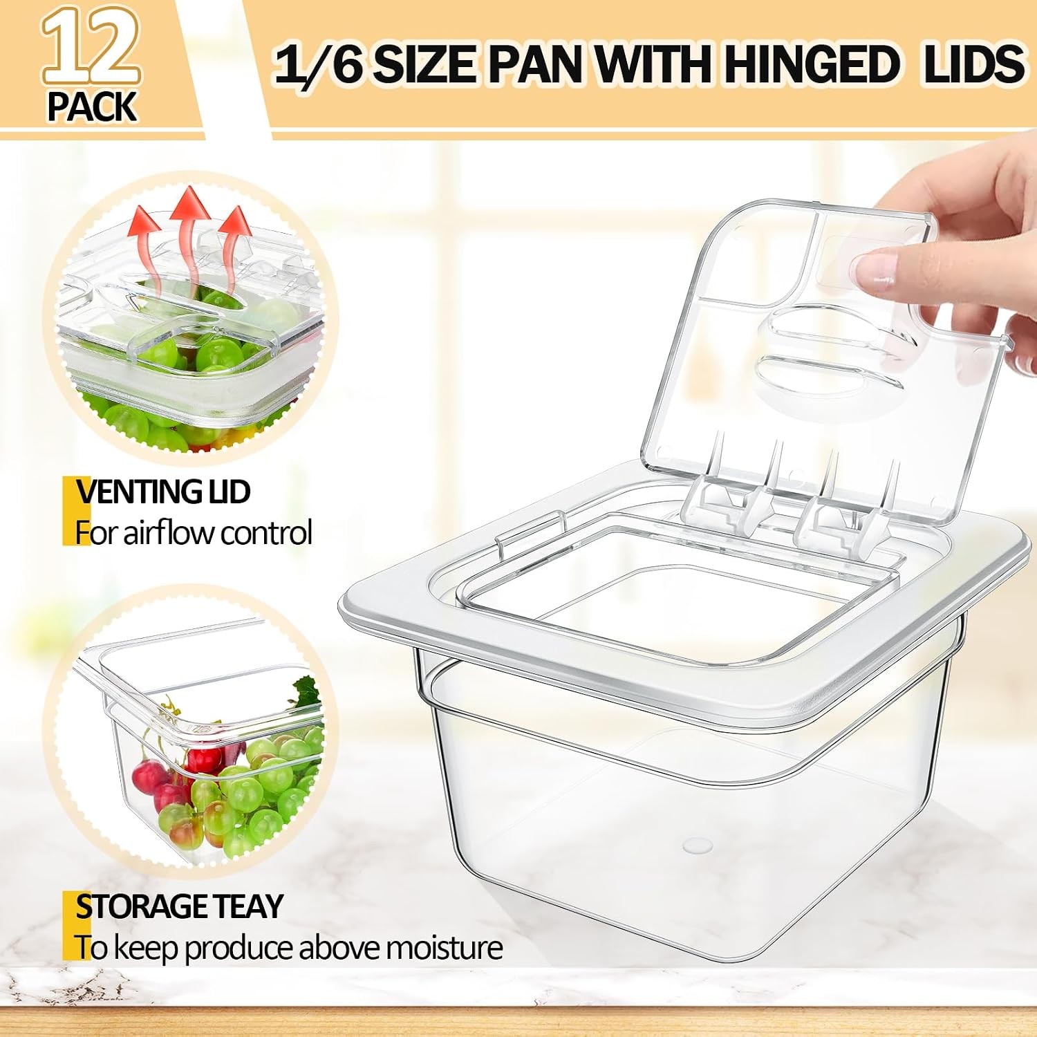 12 Packs 4” Deep Polycarbonate Food Pan W/ Lid 1/6 Size Stackable Plastic Pan