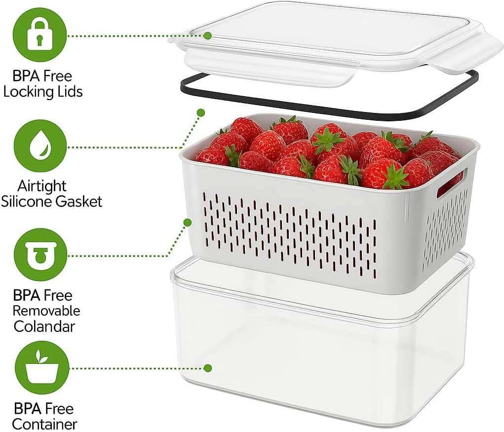 5 Set Fruit Storage Containers for Fridge with Colanders Dishwasher Safe, Lea…