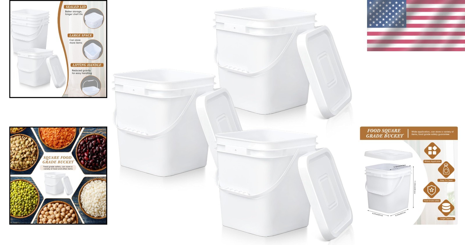 3-Pack 3.5 Gal Square Food Grade Bucket with Lid