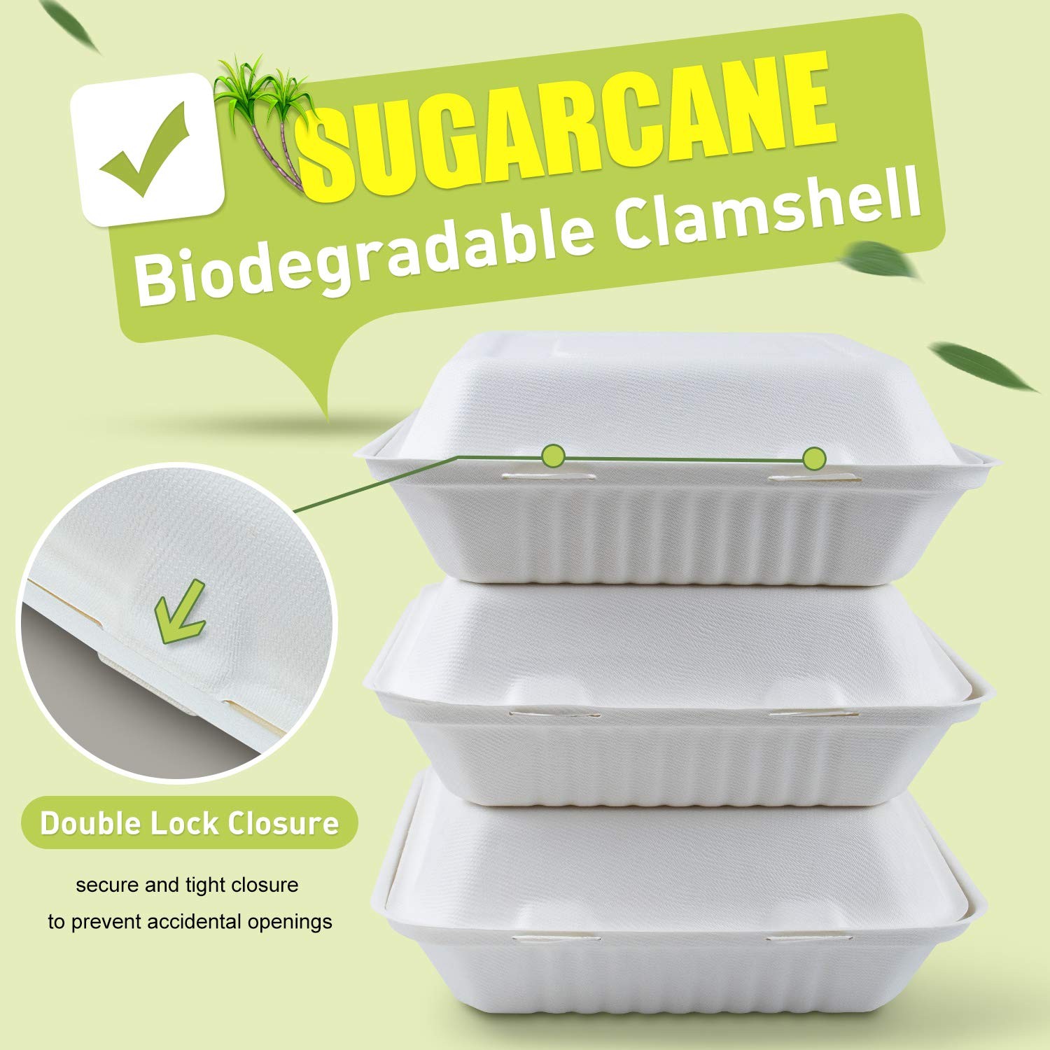 200 Count 1-Compartment Bagasse Clamshell Food Boxes Compostable Takeout Party