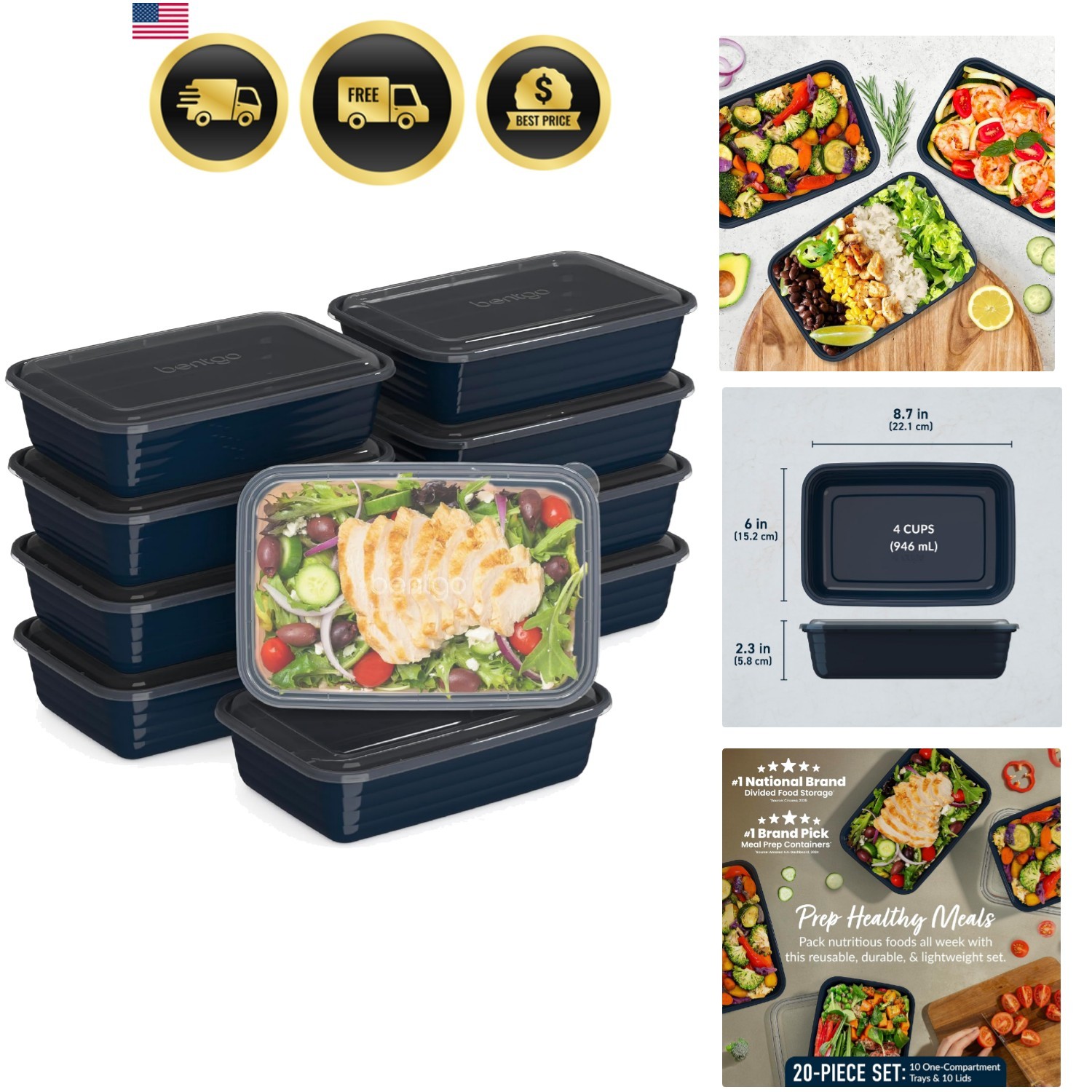 Prep – 20-Piece 1-Compartment Reusable Meal Prep Containers with Lids, PFAS &…
