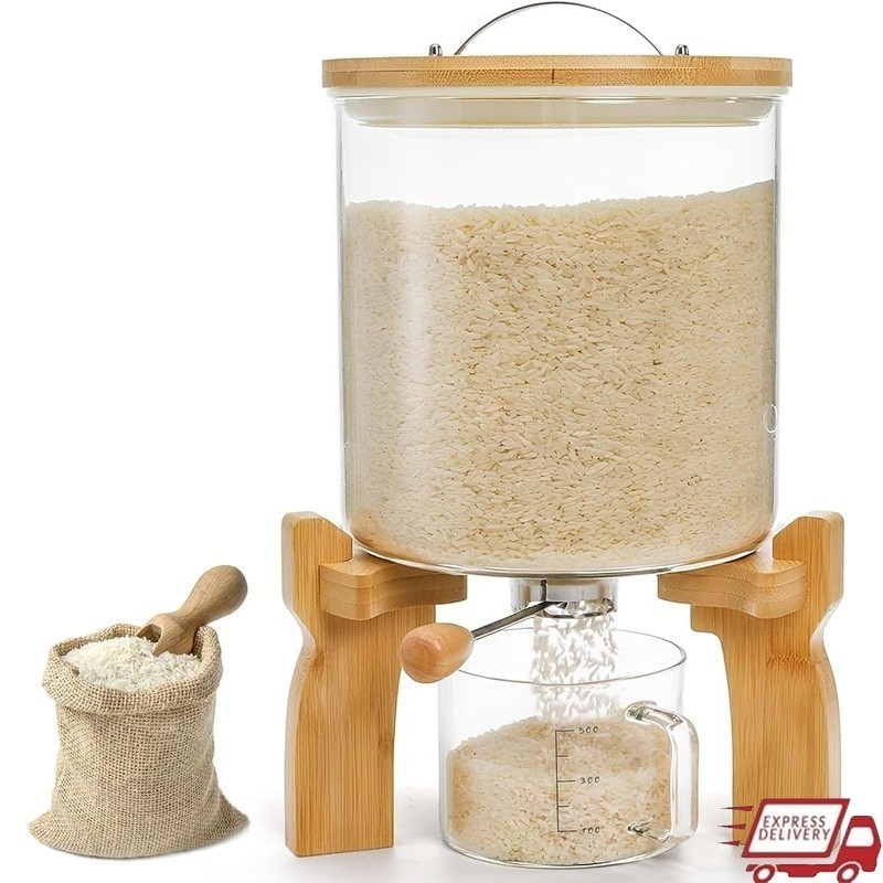 Glass Rice Dispenser Bamboo Stand Airtight Storage Food Container Measuring Cup