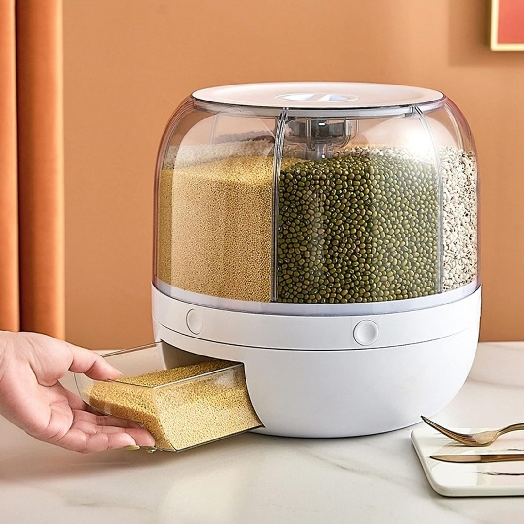 6-Grid 360° Grains Dispenser Rotating Rice Dispenser Storage Container 13lbs