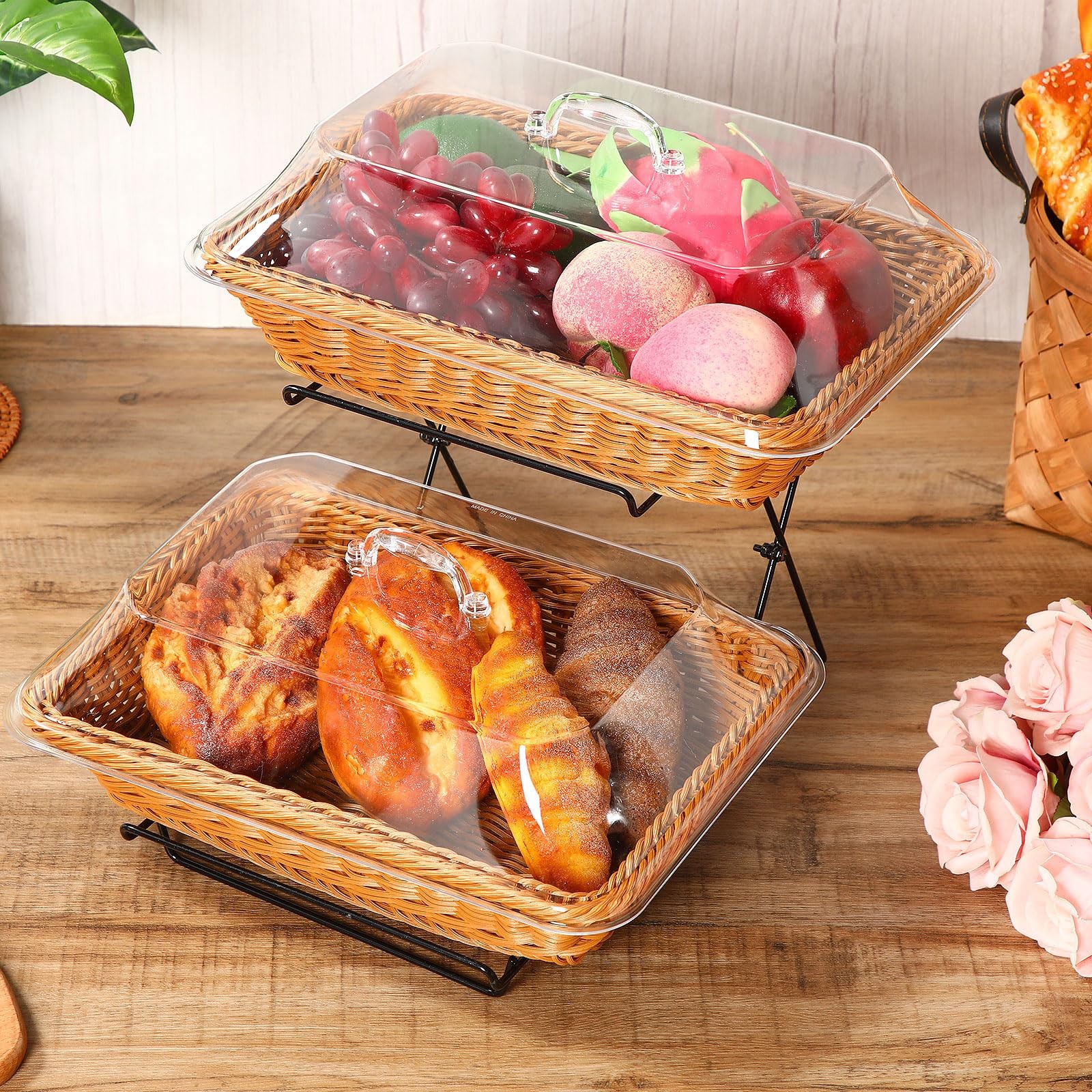 2 Pack Wicker Bread Basket for Serving, Imitation Rattan Bread Basket with Ac…