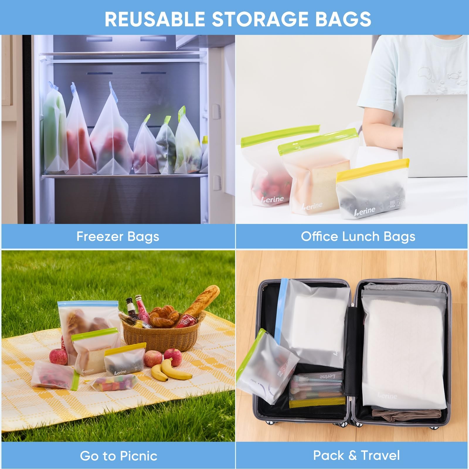 9 Pack Reusable Freezer Bags Stand-Up Dishwasher Safe, BPA-Free Reusable Gall…