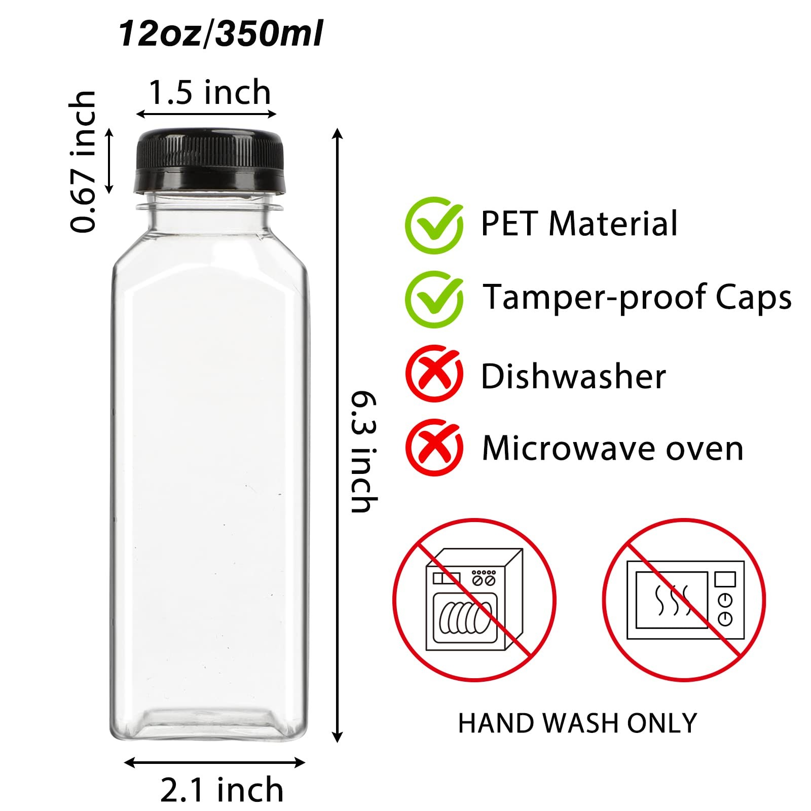 40 PCS 12oz Empty Plastic Juice Bottles Caps Bulk Clear Beverage Milkshake