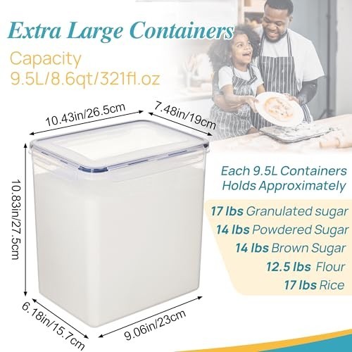 Extra Large 9.5L Airtight Storage Containers – 2 Pack for Flour, Sugar, Rice, Ba