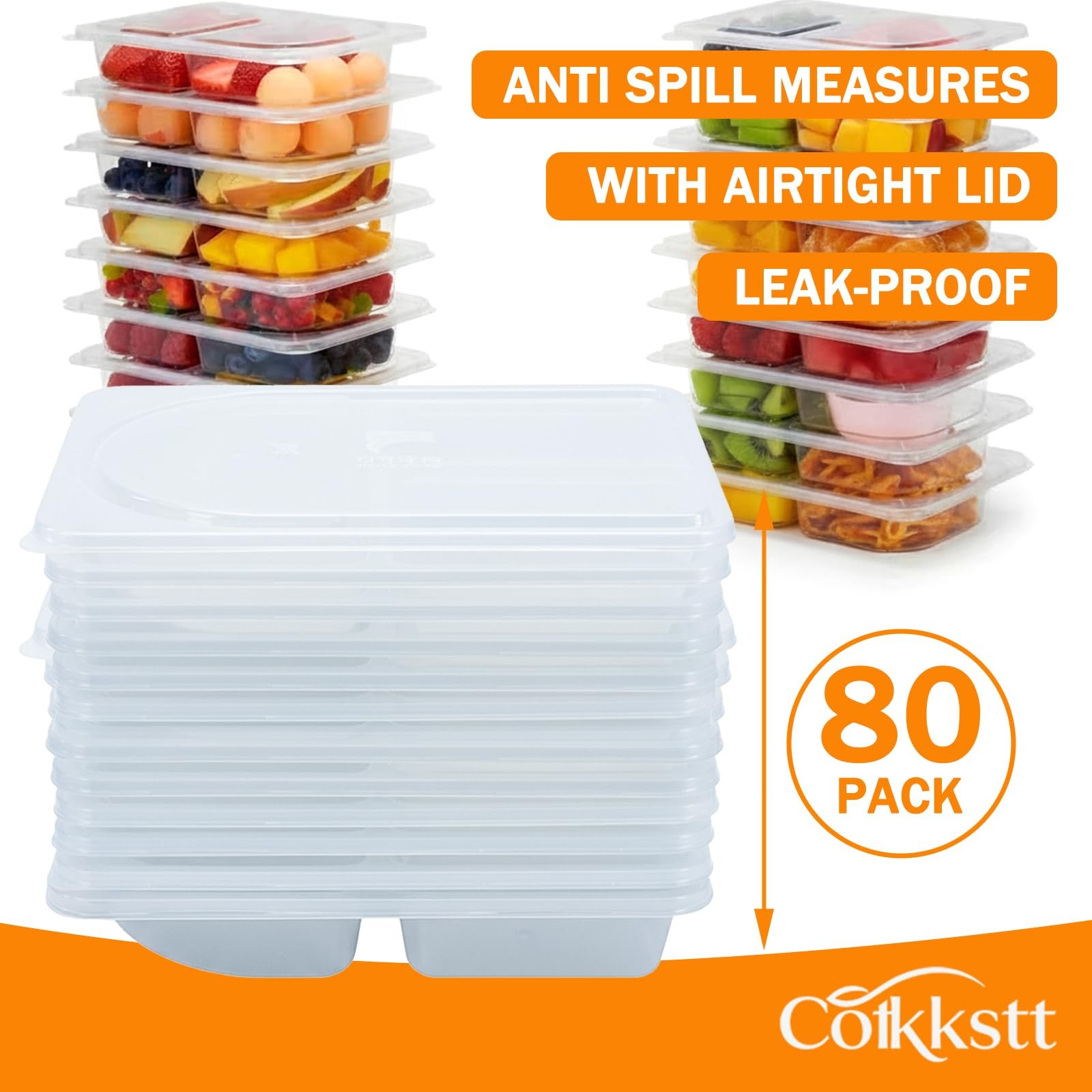 80Pack 9oz Reusable Snack Containers with Lids for Kids, 3 Compartment Plasti…