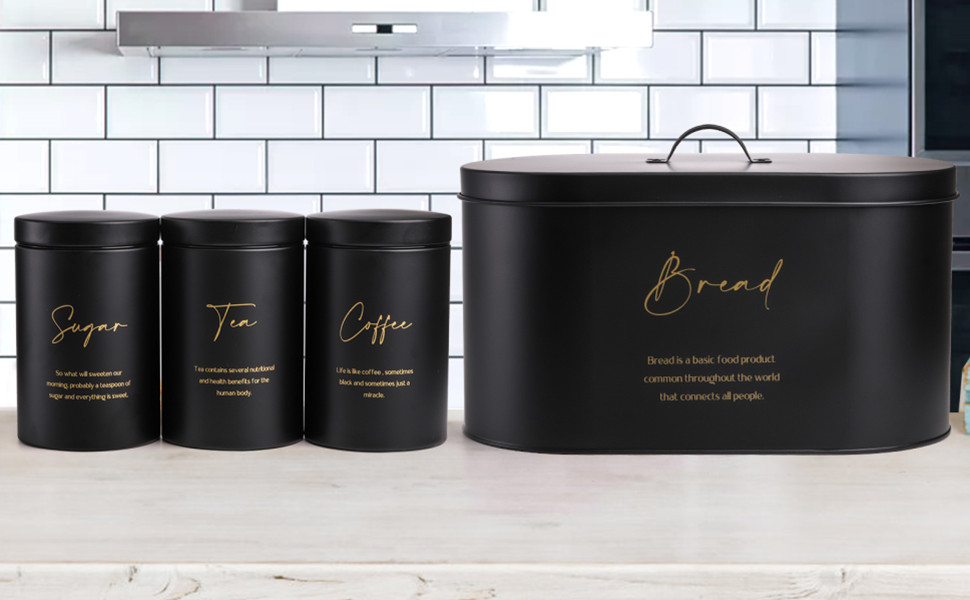 Set of 4 Bread Box and Canister Set for Kitchen Countertop, Metal Bread Bin