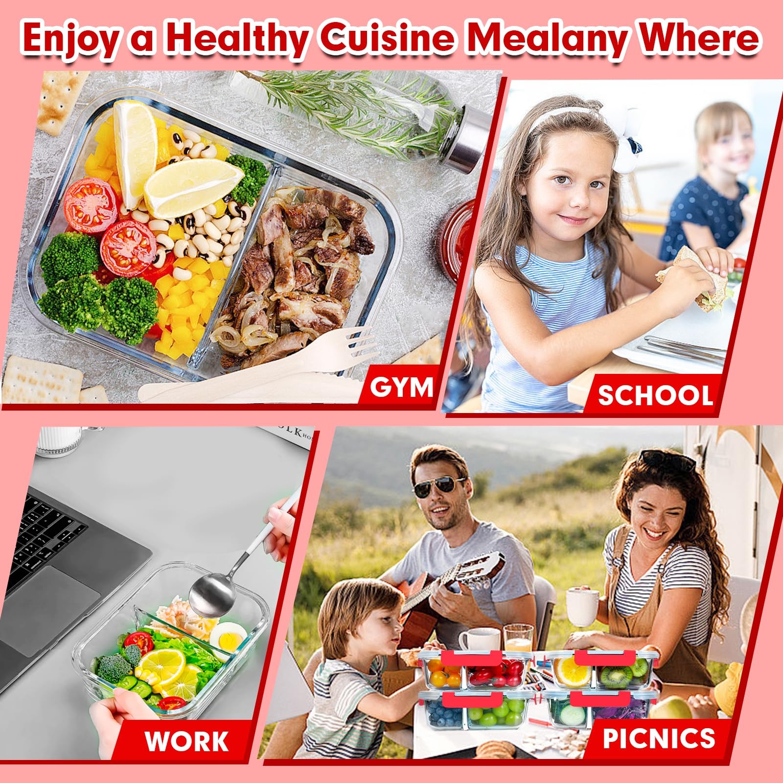 5 Pack Glass Meal Prep Containers 2 Compartment Set, 36OZ Airtight Glass Lunc…
