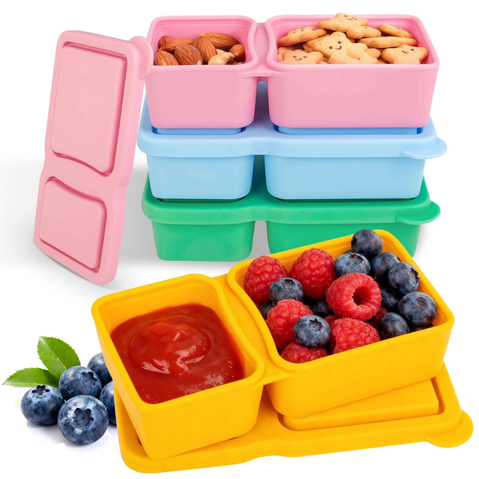 4 Pack New Reusable Silicone Snack Containers with Lids, 10 oz Double Compart…