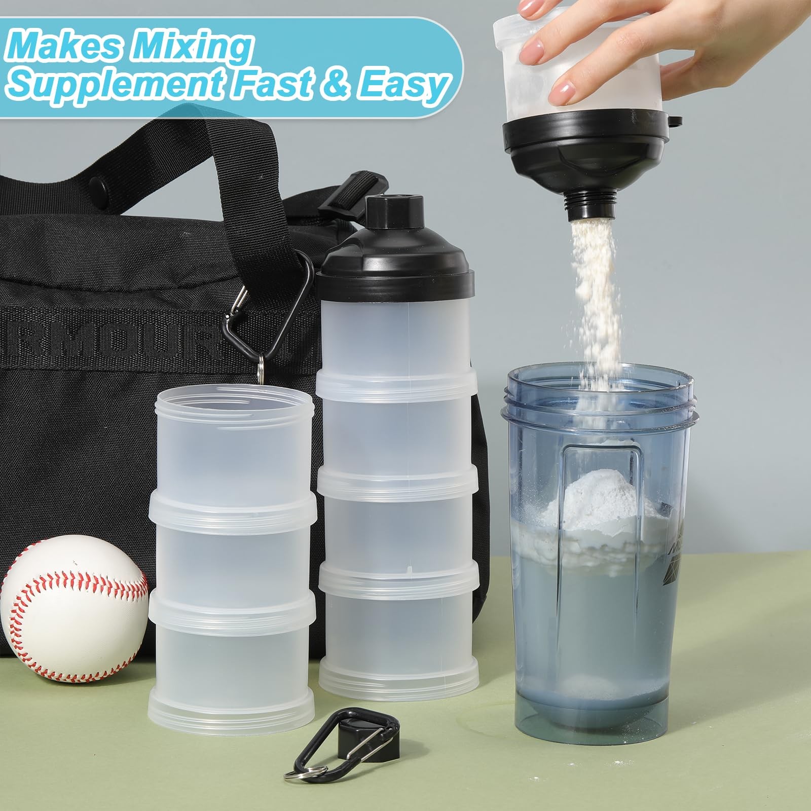 Baderke 2 Pcs Protein Powder Travel Container with Funnels Stand, 4 Layers
