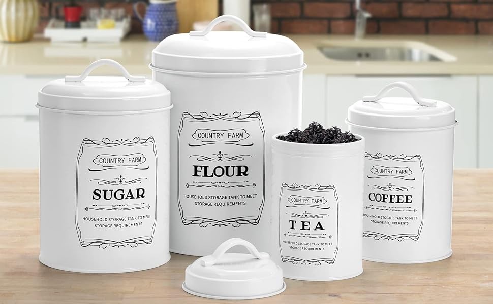 Set of 4 Kitchen Canisters with Airtight Lids, Coffee Tea Sugar Flour Tin Jars