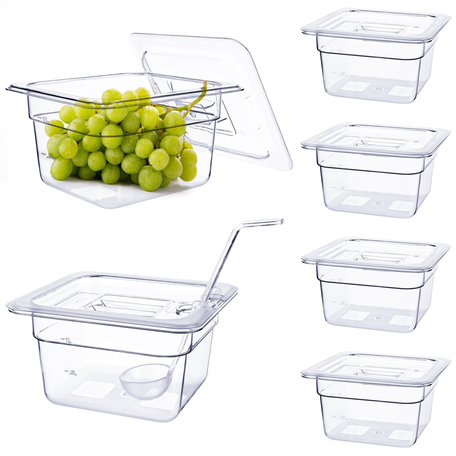 6 Pack Plastic Clear Food Pans with Lids, 1/6 Size 4” Deep Commercial Stacka…