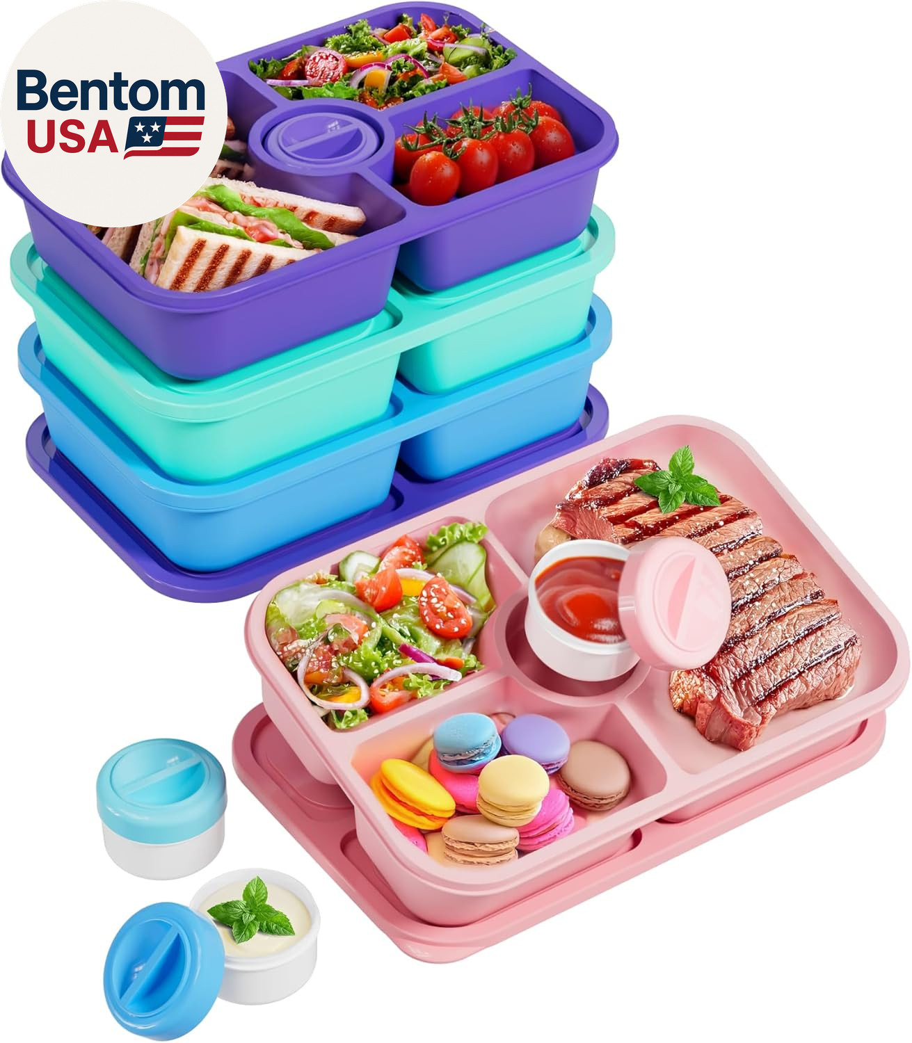 4 Pcs Bento Snack Box Containers, 4 Compartment Divided Stackable Food Storage C
