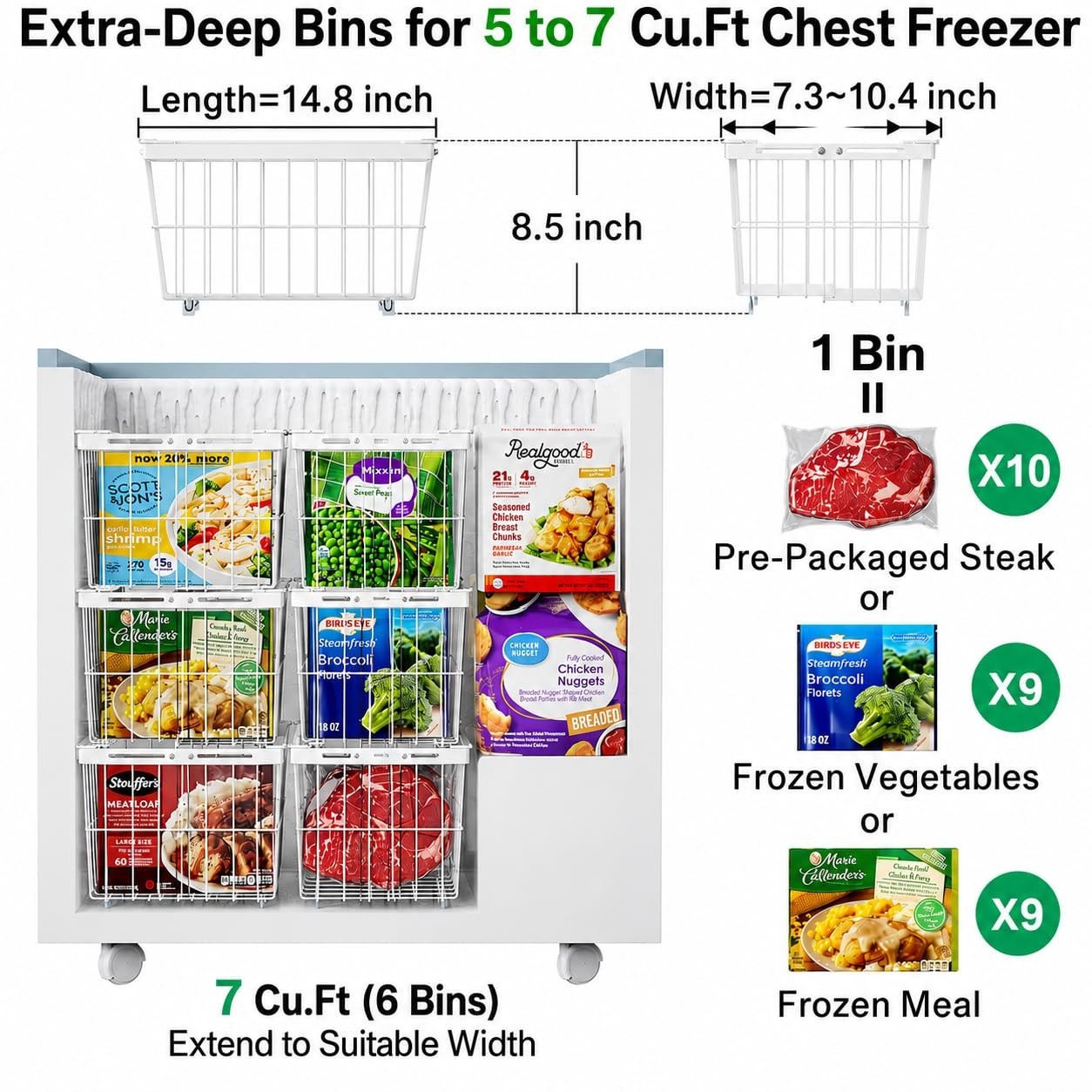 Adjustable Freezer Organizer Bins – 3 Pack Stackable Storage Baskets for 5-7 Cu.
