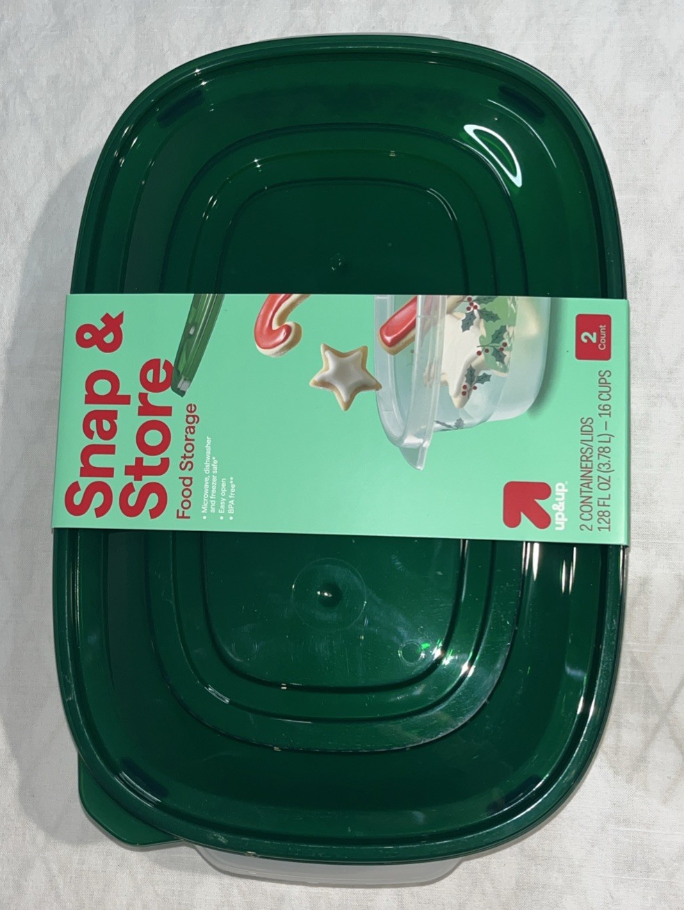 Set of 2 Holiday Large Rectangle Food Containers Holly Leaves Design Green Lids