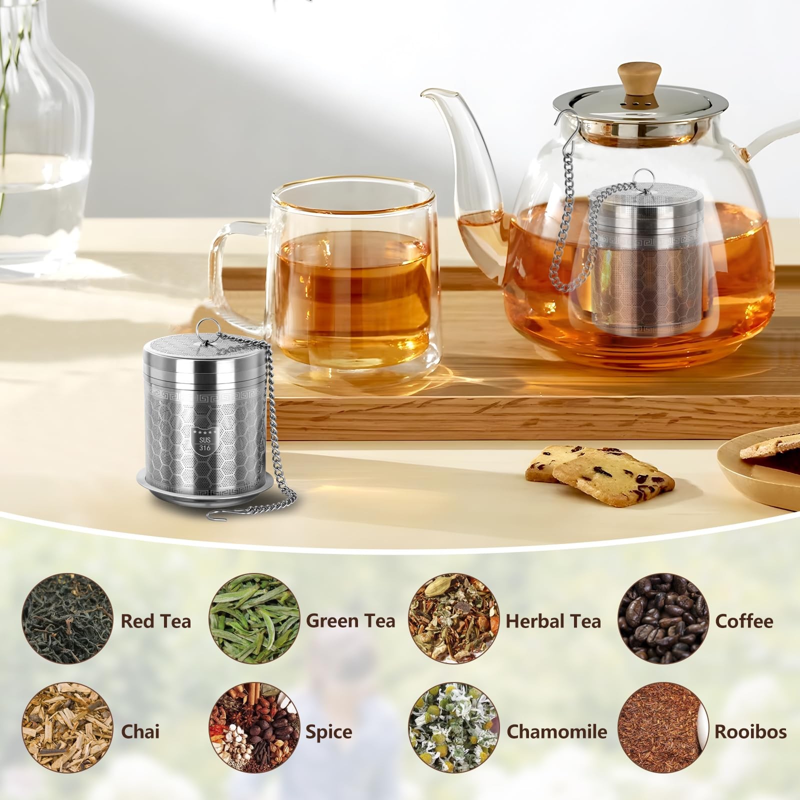 316 Stainless Steel Tea Strainer for Loose Leaf (1, Large) Large, Silver