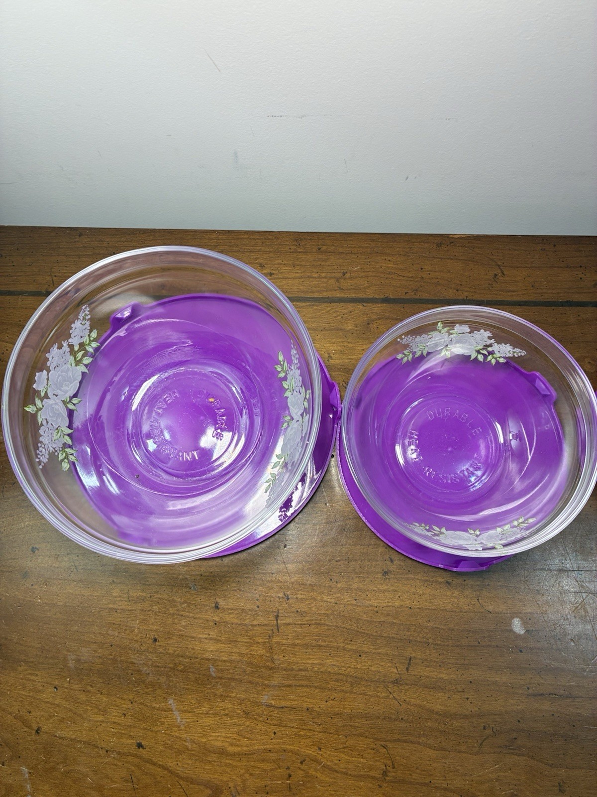 Vintage Durable Imperial 10p Nesting Glass Bowl Set w/ Purple Lids Floral Design