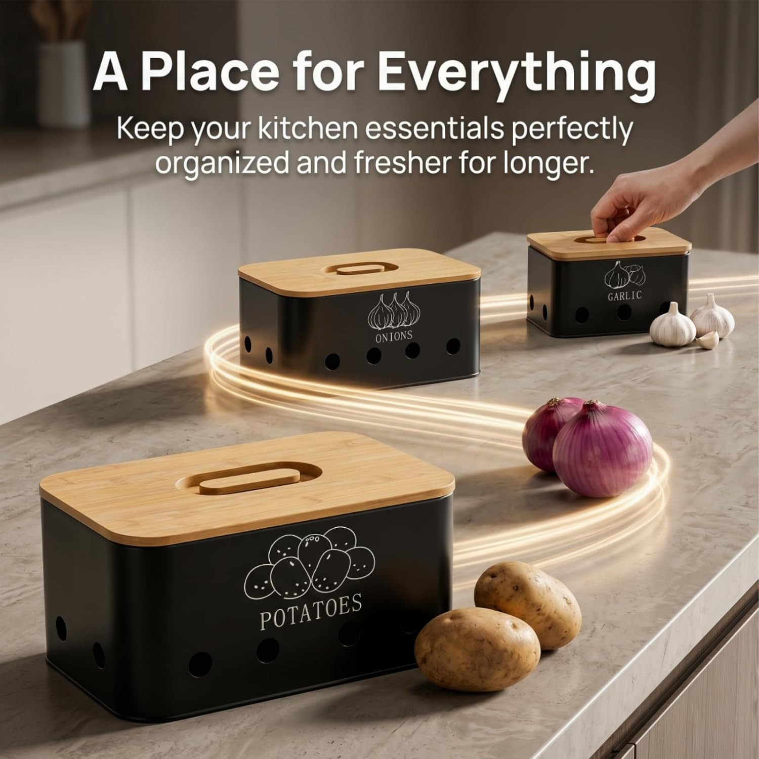 3 Pack Potato Onion Garlic Storage Set, Metal Vegetable Storage Bins with Aerati