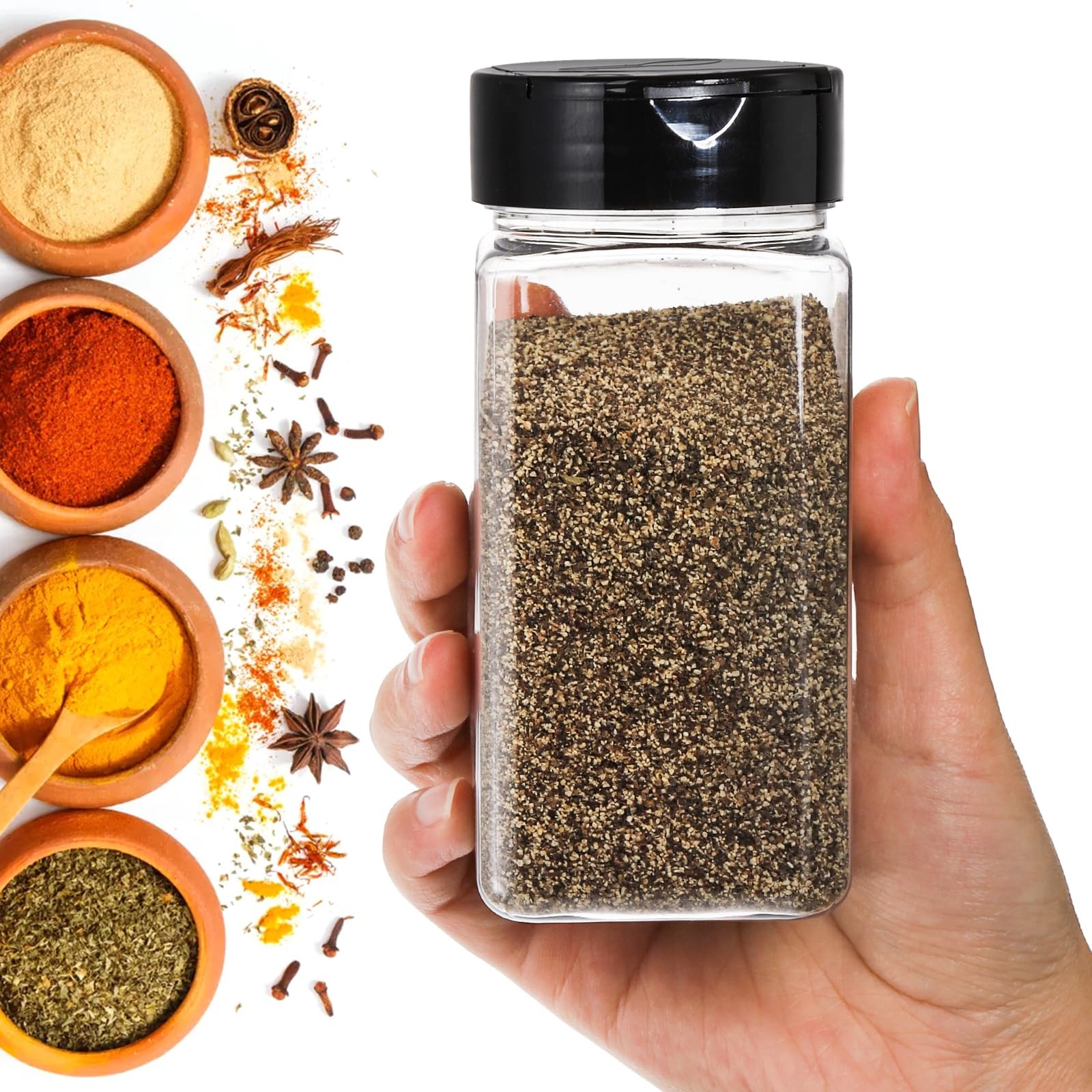 16 Pack 9 Oz Plastic Spice Jars Bottles Containers with Black Cap – Perfect for