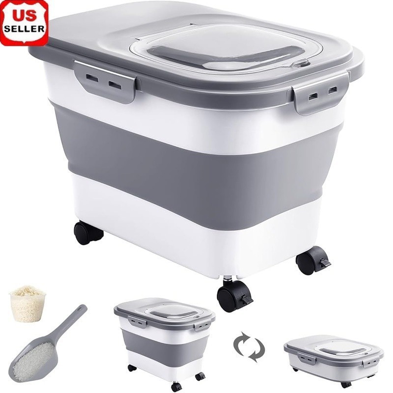 Extra Large Rice Pet Food Storage Container W/ Wheels Airtight Seal & Scoop New