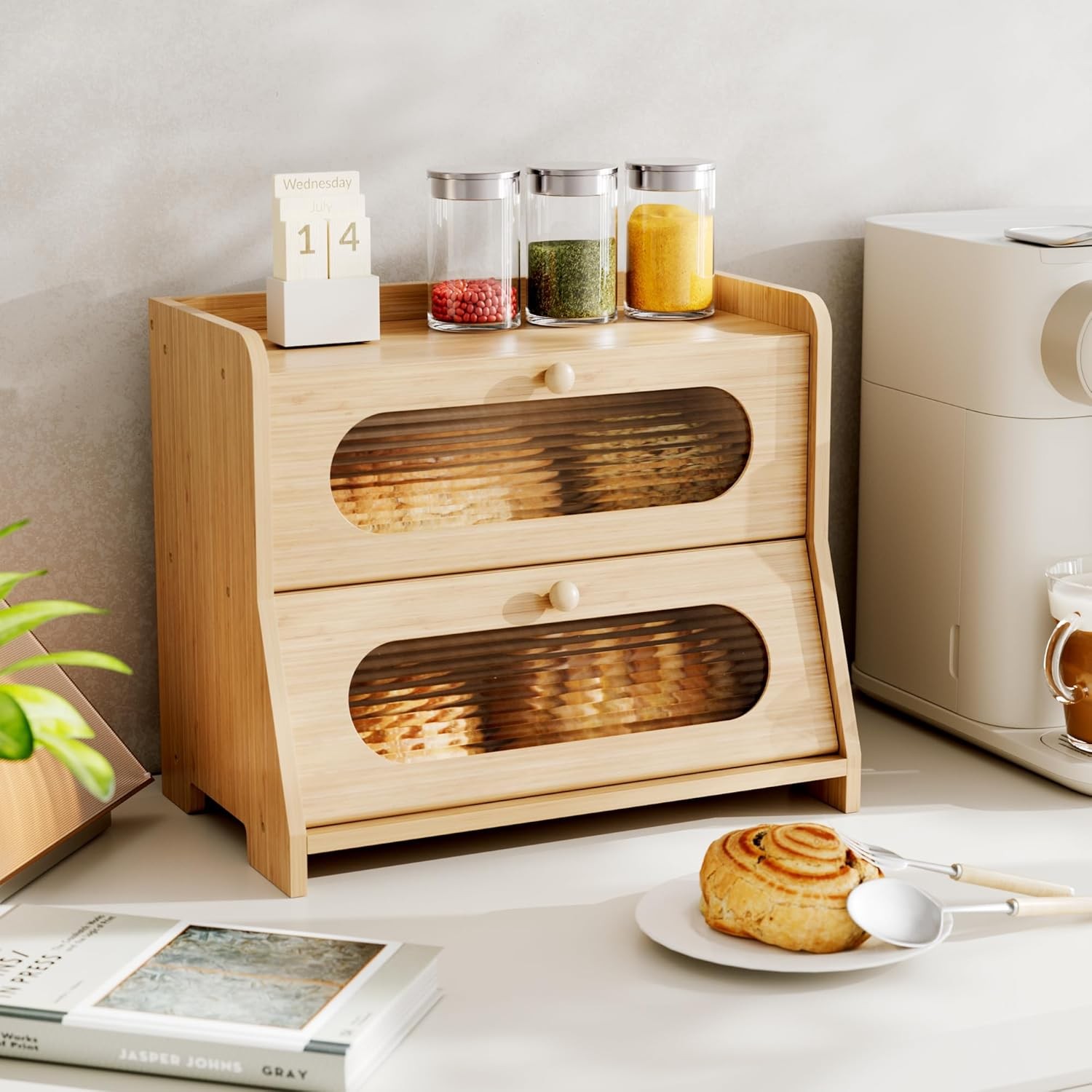 Bread Box,Extra Large 2-Tier Bamboo Bread Box for Kitchen Countertop,Bread