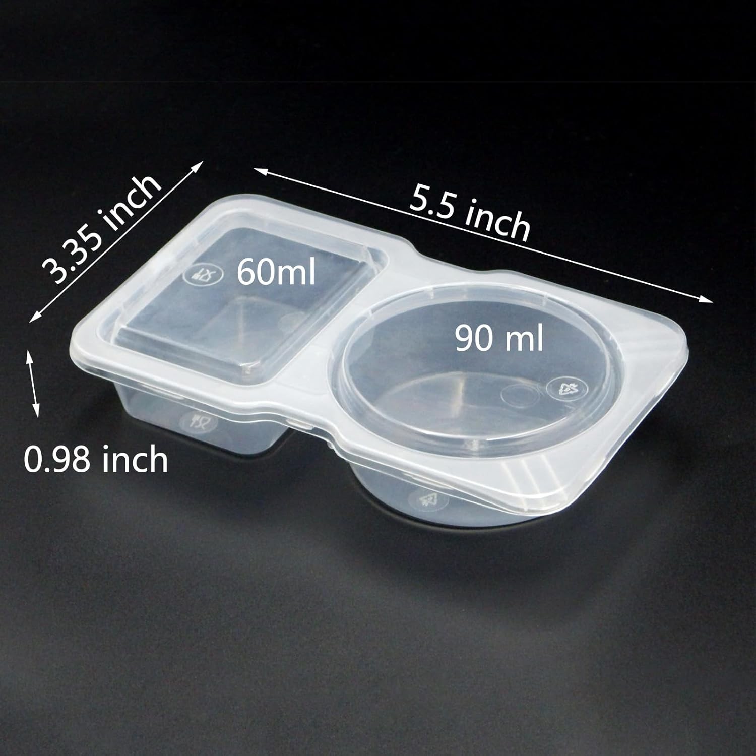 Double Compartment Condiment Containers with Lids 6 Pack 2 Section Dips Snack