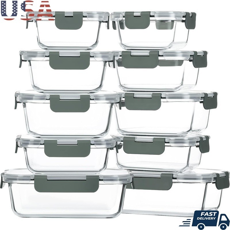 10 Pack Glass Storage Containers W/ Airtight Lids Meal Prep & Food Storage New