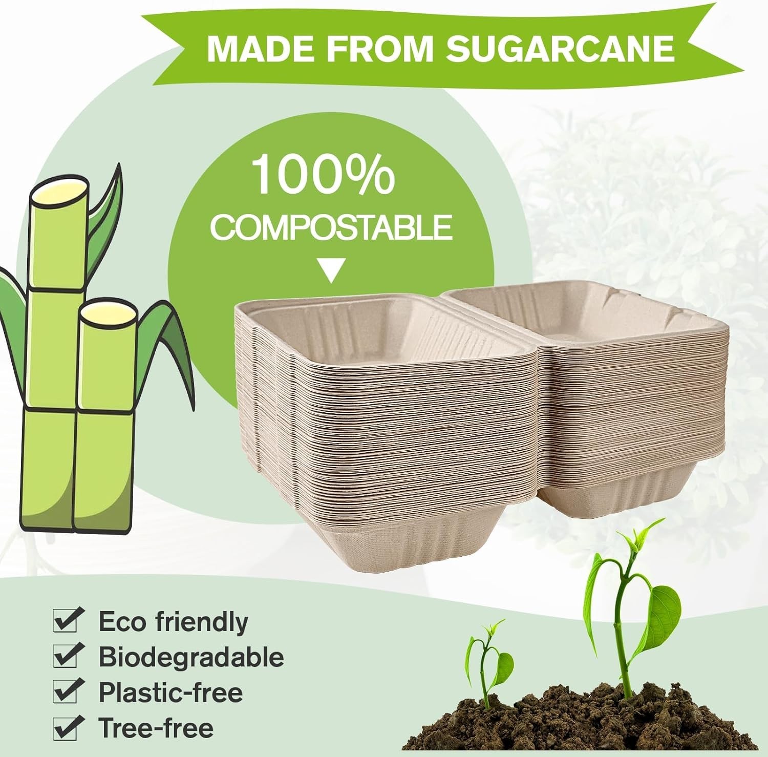 Microwave Safe 75-Pack Compostable Clamshell Containers for Eco-Conscious Dining