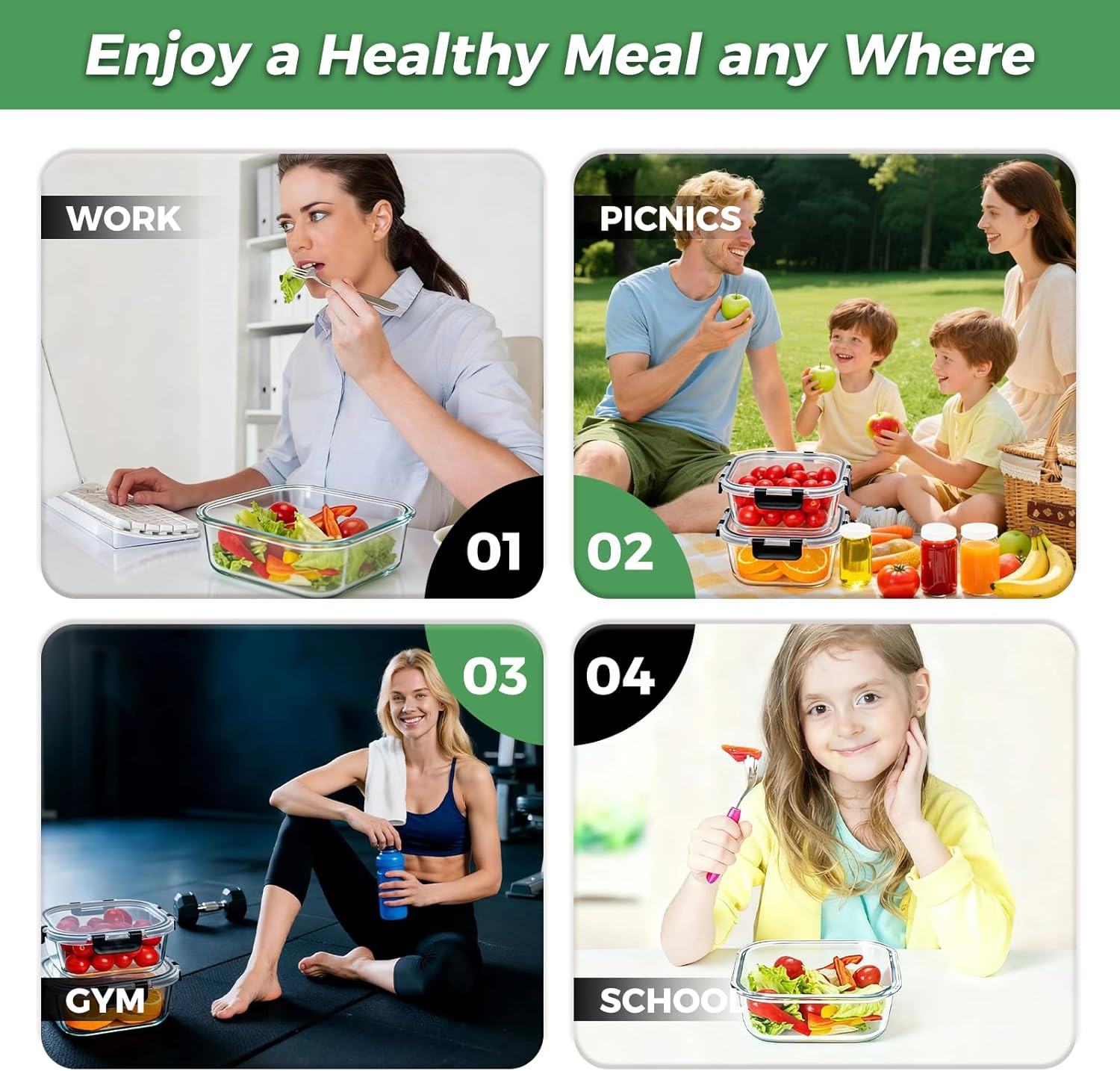27 Oz Glass Food Storage Containers Lids 4 Pack Square Sandwich Containers/Box