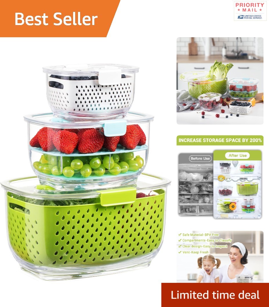 Fresh Produce Storage Containers 3 Piece Set Green BPA Free Vegetable Organizers