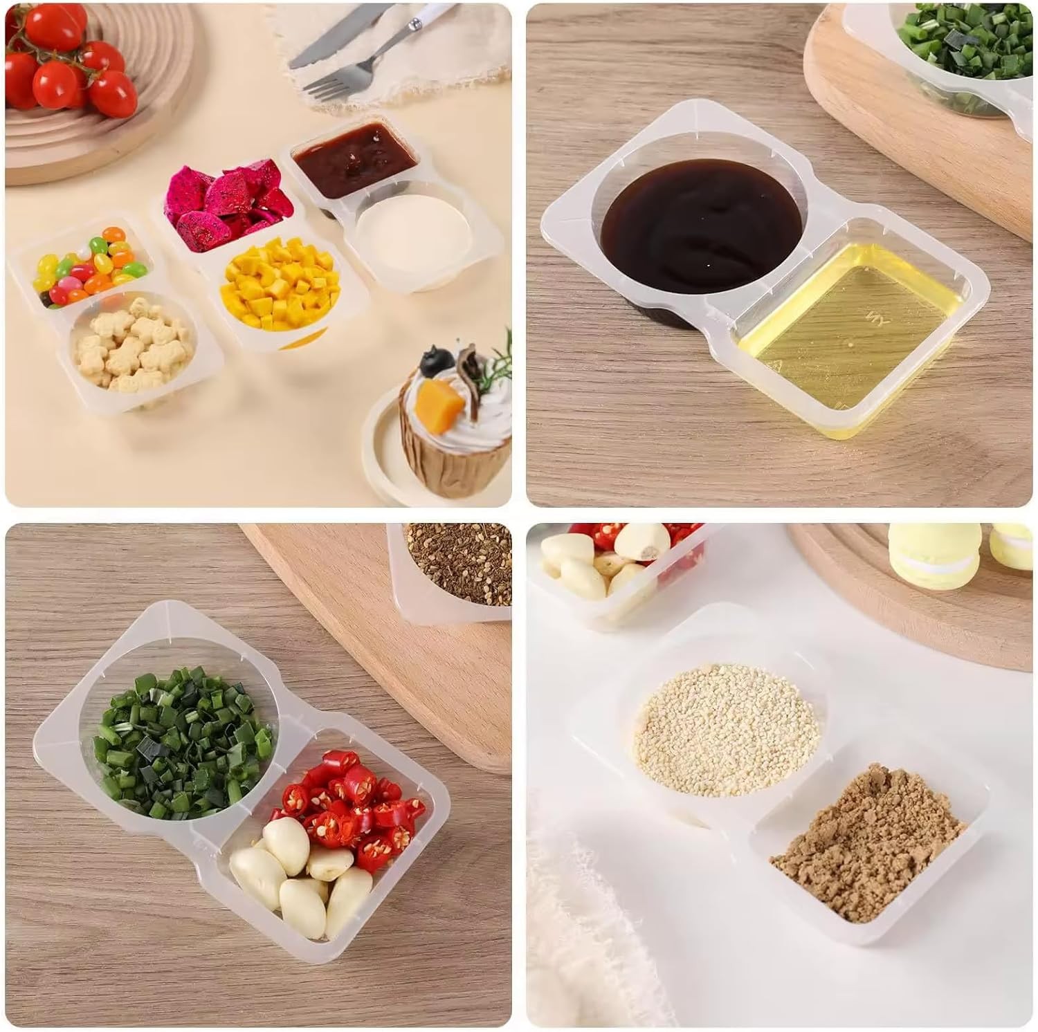 Double Compartment Condiment Containers with Lids 6 Pack 2 Section Dips Snack