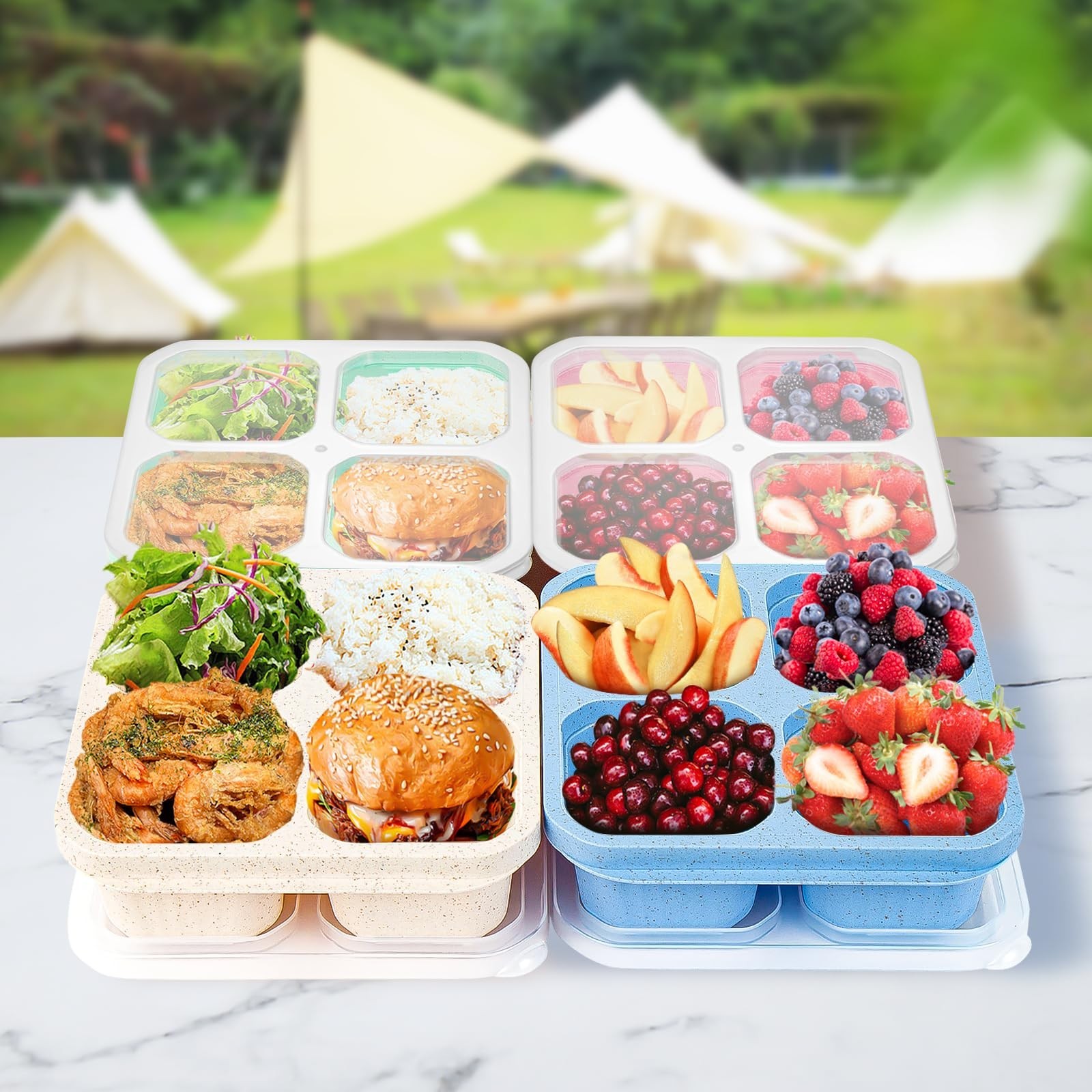 20Pcs Reusable Snack Containers Set, 4-Compartment Bento Boxes with Lids & Utens