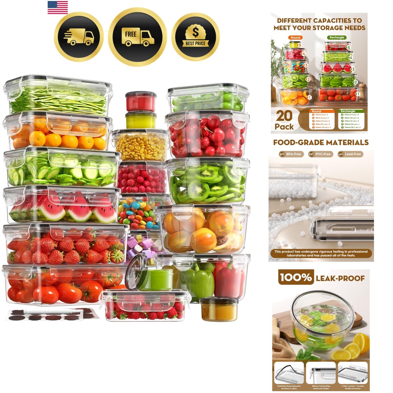 40 PCS Food Storage Containers with Lids Airtight 20 Containers & 20 Lids, Le…
