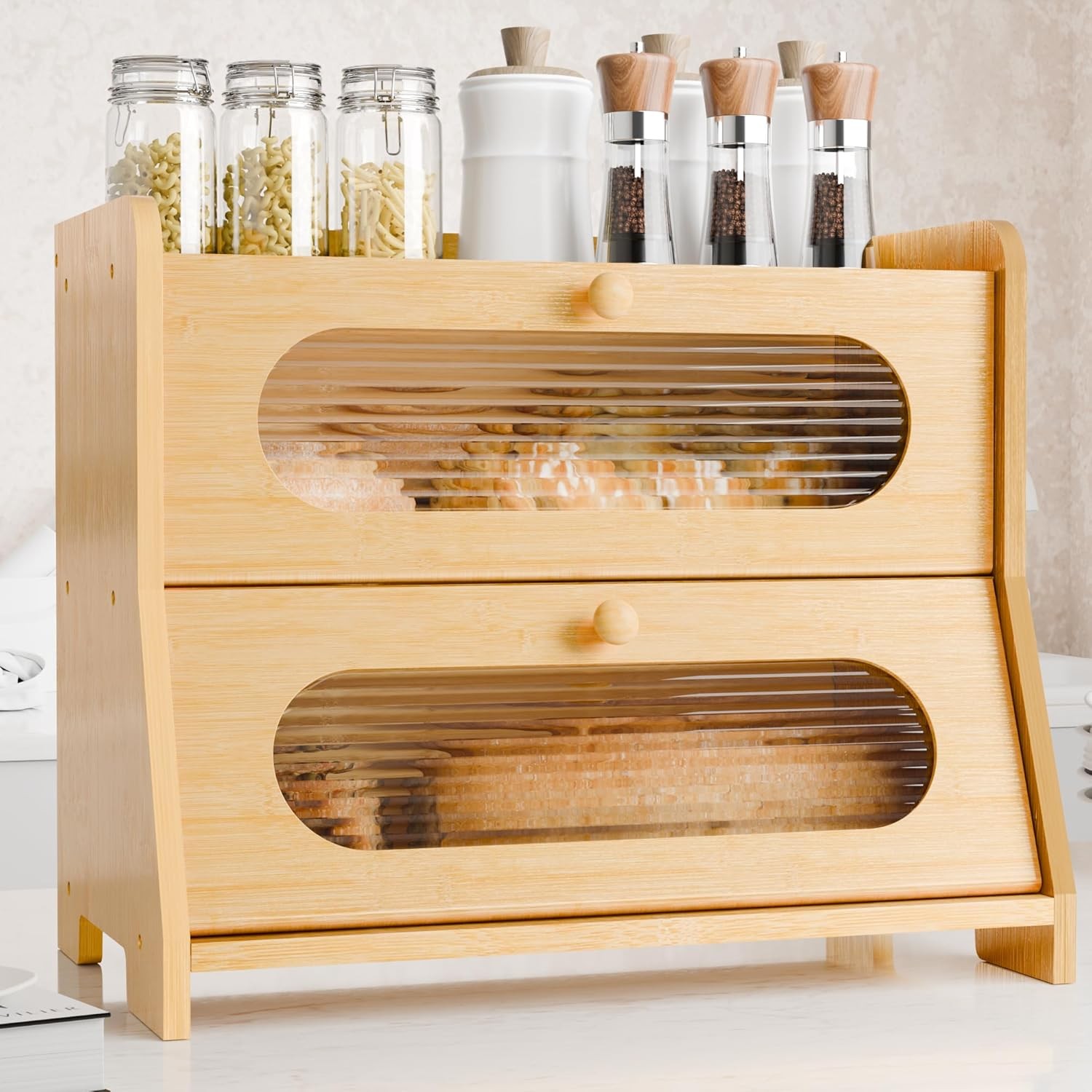 Bread Box,Extra Large 2-Tier Bamboo Bread Box for Kitchen Countertop,Bread