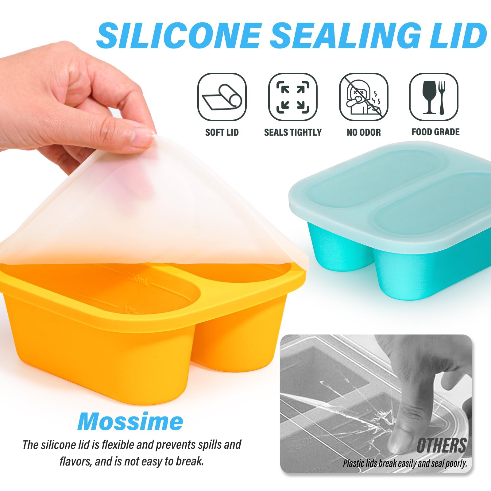 4 Pack 1-Cup Silicone Soup Freezer Molds with Lids Blue Yellow Portion Trays