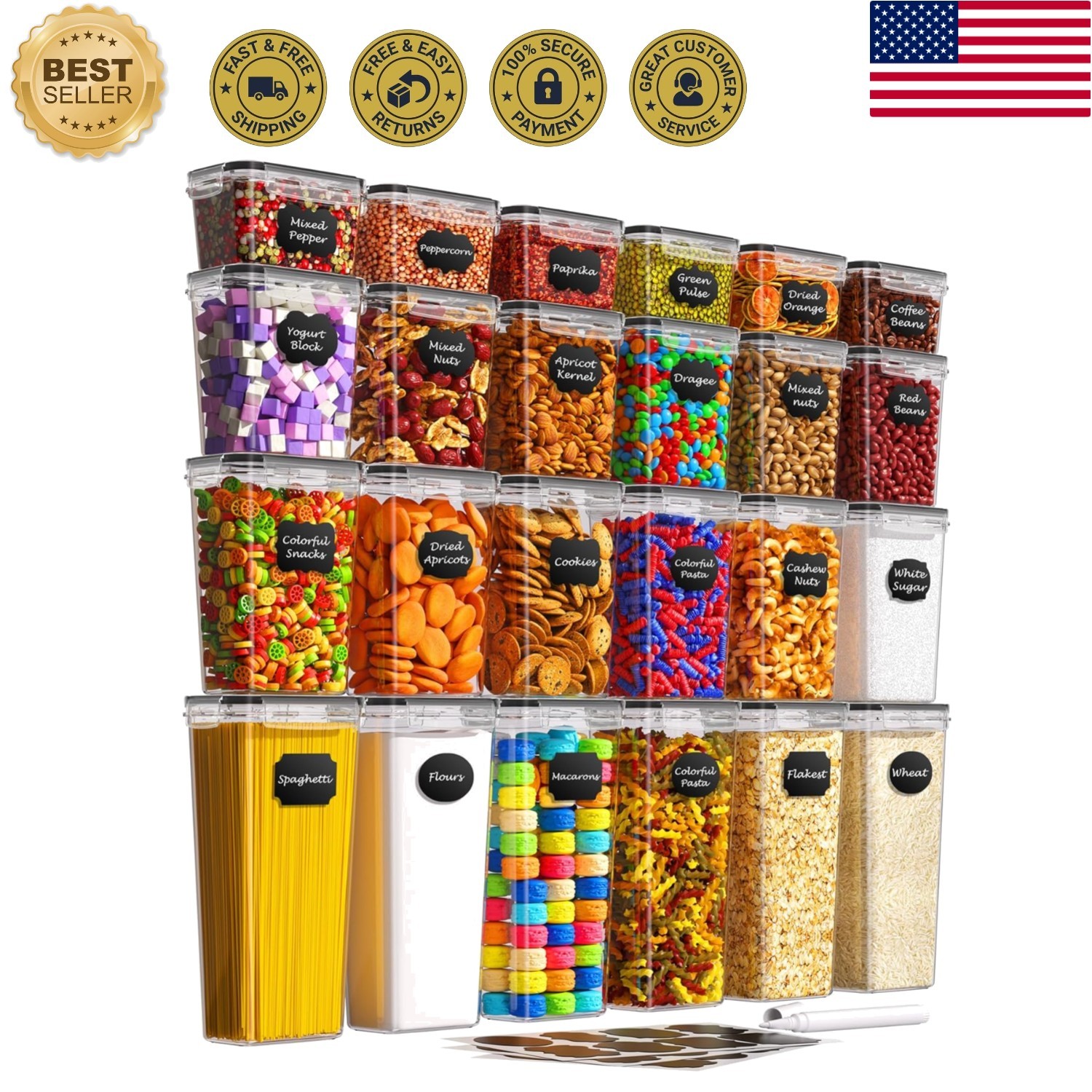 Stackable Kitchen Canisters – 24 PCS Airtight Food Storage with Labels & Markers