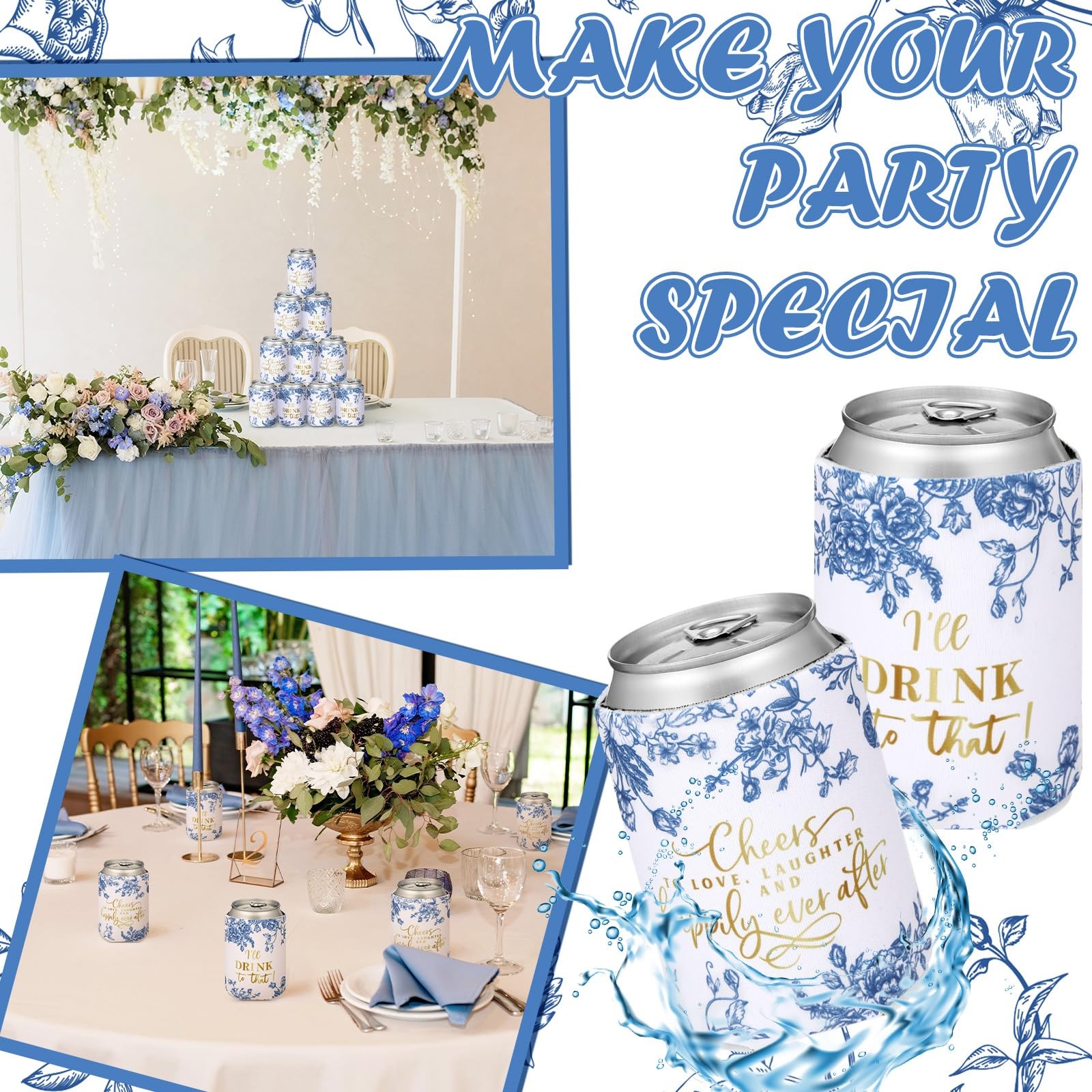 Yuntau 51 Pcs Blue Floral Wedding Can Cooler For Guests Laughter Cheers To Love