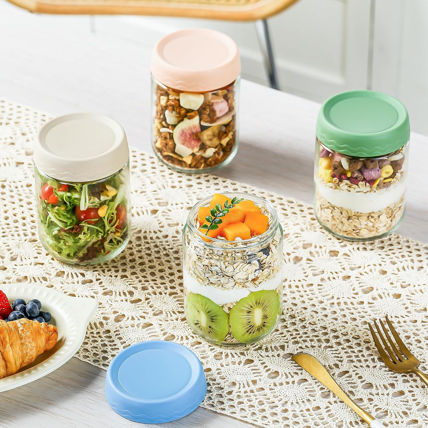 16 Oz Overnight Oats Containers with Lids – 4 Pack Glass Storage Jars with Airti